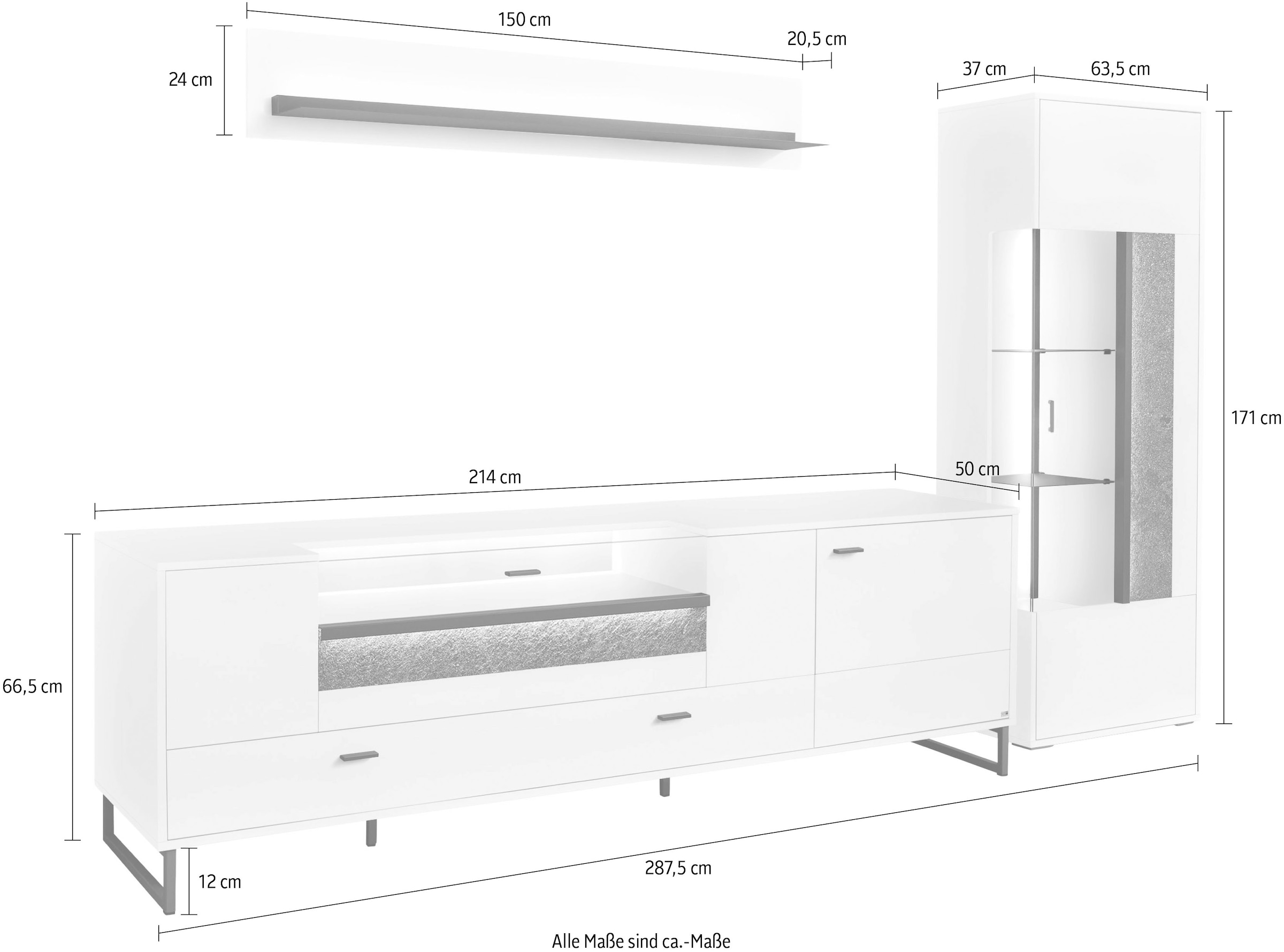set one by Musterring TV-Wand »Deltona«, (3 St.), Zierelemente aus Sandstein, inkl. Beleuchtung, Gesamtbreite ca. 287 cm
