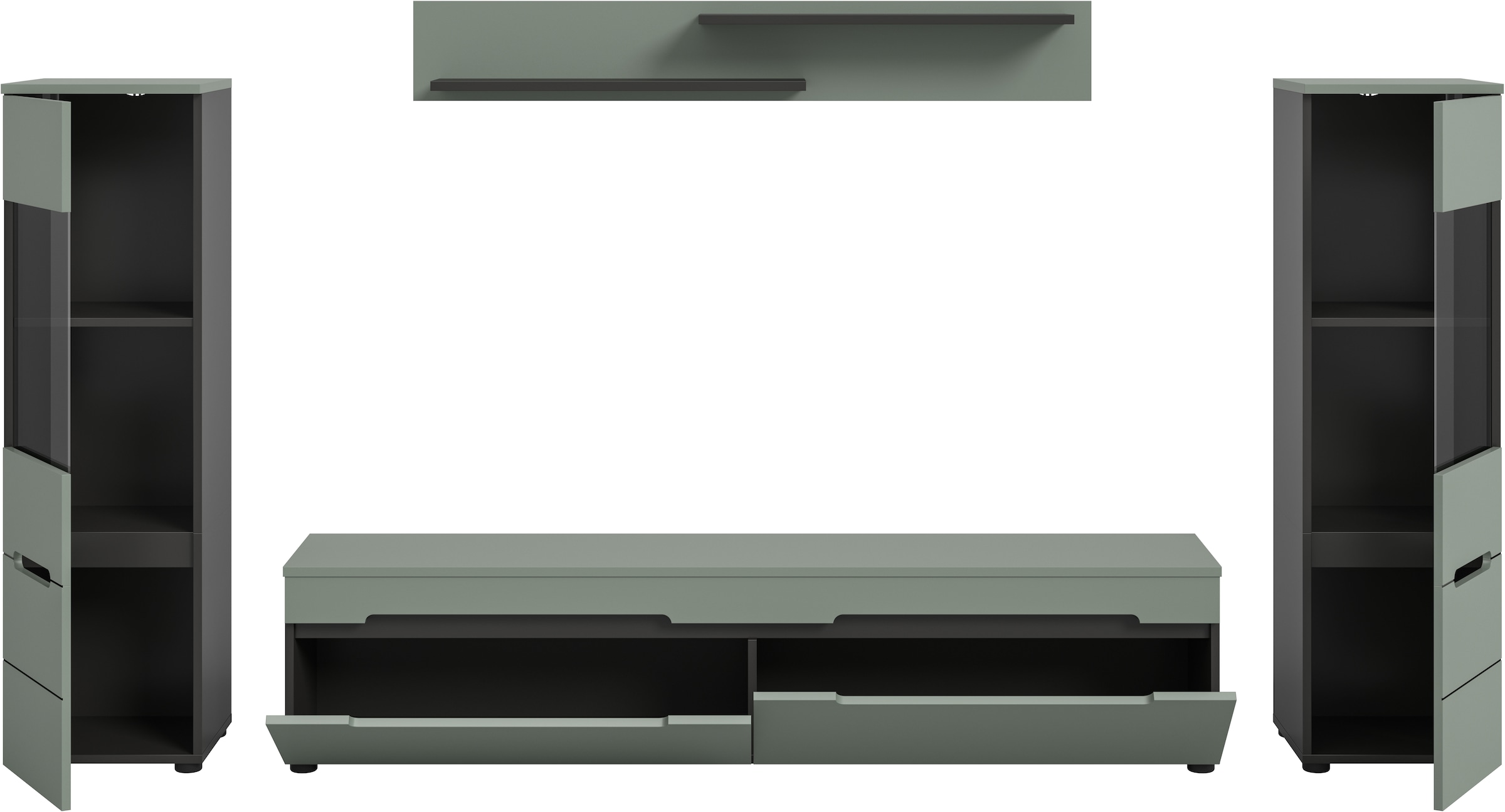 INOSIGN Wohnwand »REHAT, TOPSELLER!, 4-teilig, wahlweise stehend und hängend montierbar«, (3 St., Set bestehend aus: 2x Vitrine, Lowboard und Wandboard), Kombination, Anbauwand, Set, Wohn-Set, Wohnzimmer-Set, Schrankwand