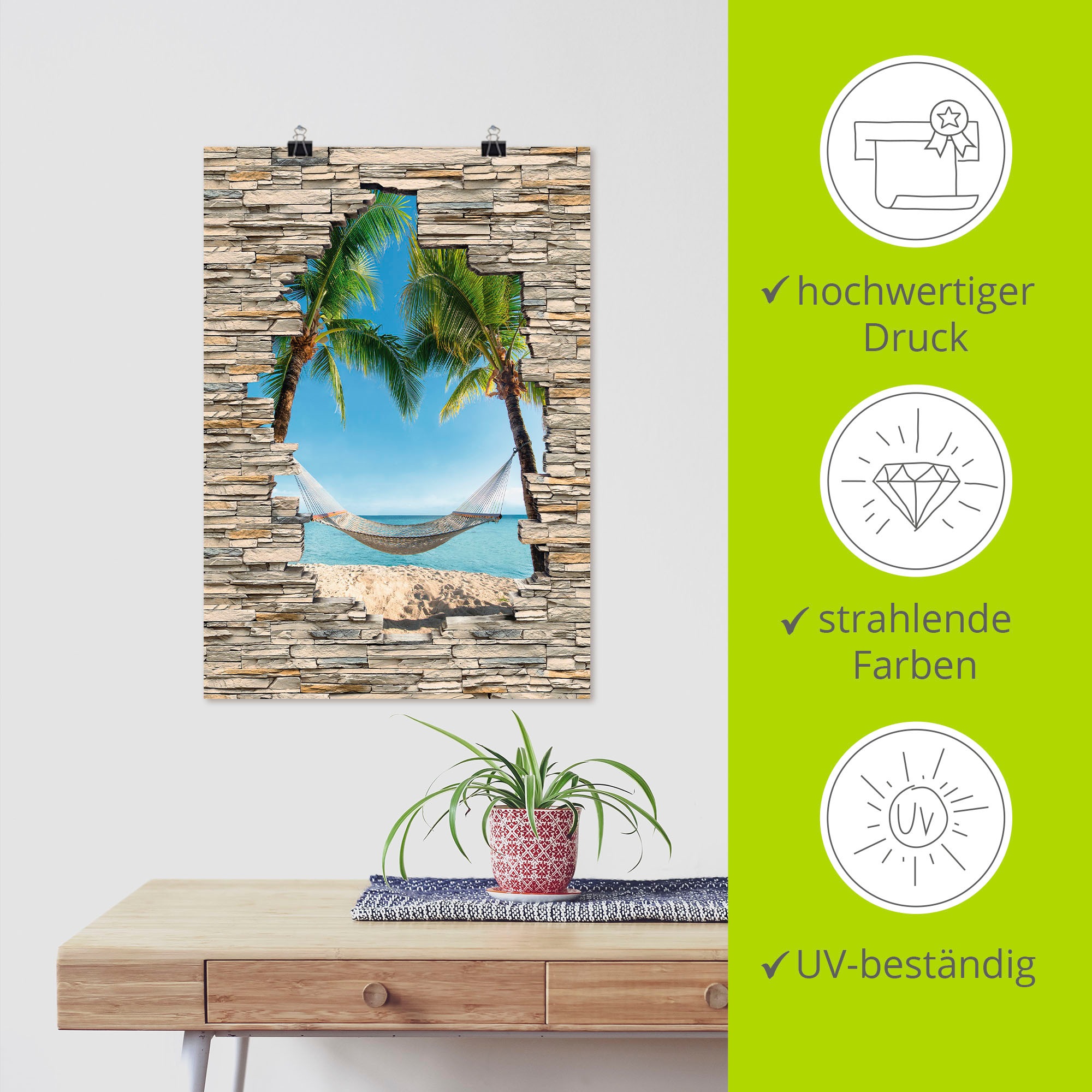Artland Wandbild »Palmenstrand Karibik Hängematte Stein«, Karibikbilder, (1 St.), als Alubild, Outdoorbild, Poster in verschied. Größen