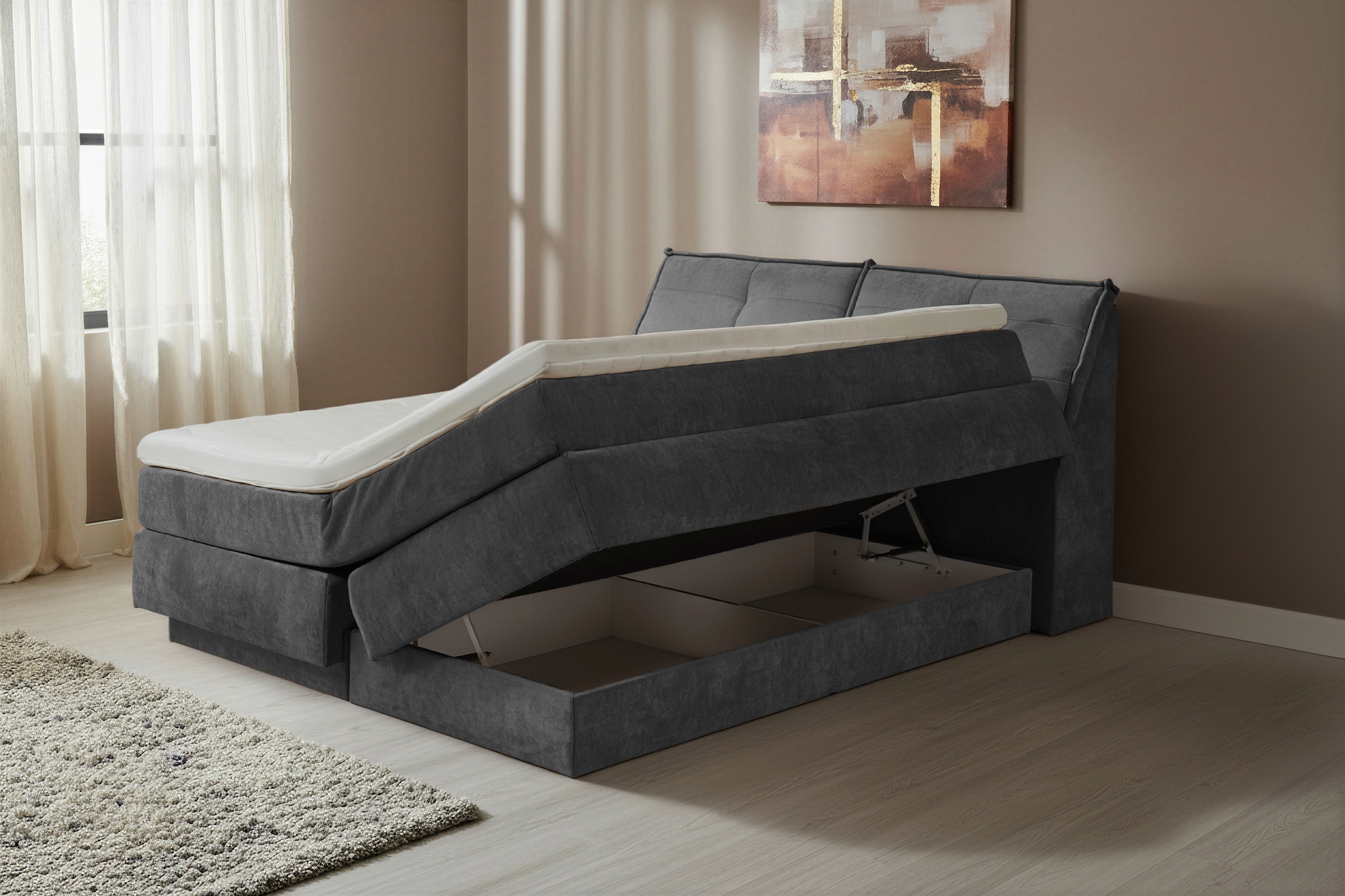 ED EXCITING DESIGN Boxspringbett »Tofino 180x200 mit Duo Matratze« 6 cm Gelkomfort-Topper, H3/H4, Bettkasten & Kopfteil-Stauraum