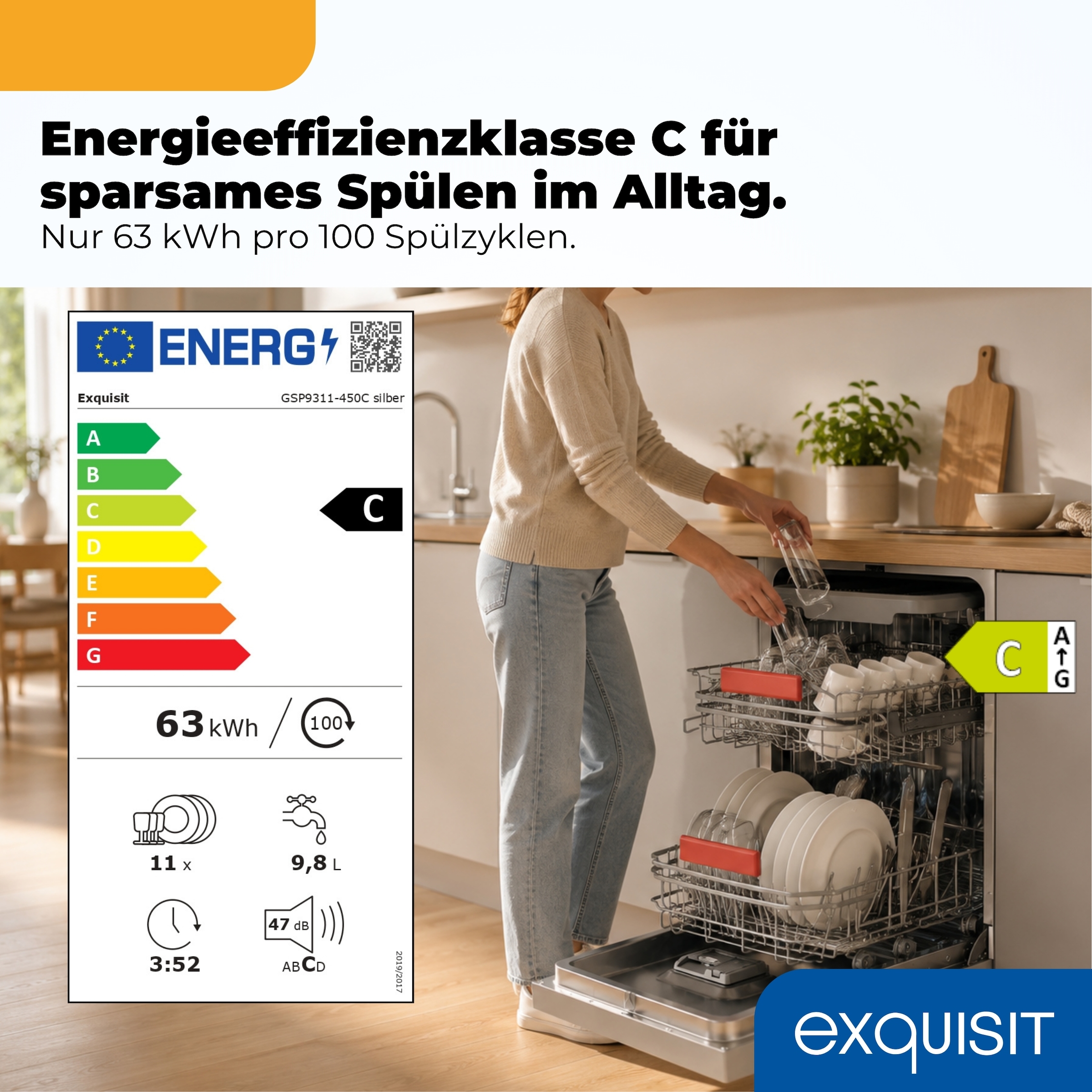 exquisit Standgeschirrspüler 9310 »GSP9311-450C silber« 8,3 l 10 tlg. Maßgedecke 10 Maßgedecke, 7 Programme, LED, Besteckkorb, Auto Door Open, AquaStop