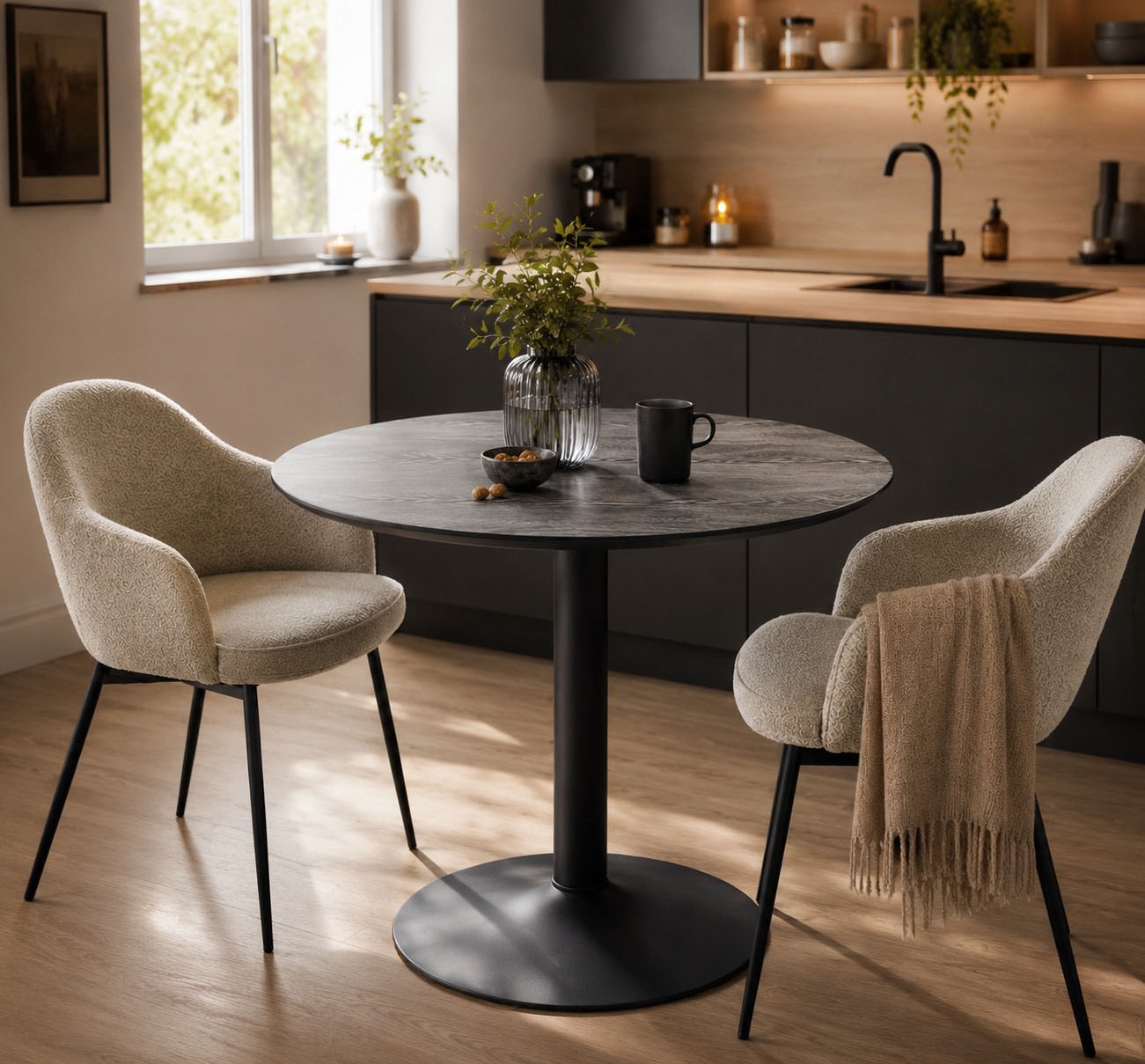 ACTONA GROUP Esstisch "Ibiza, Runder Küchentisch - pflegeleicht, platzsparend & robust" Tisch, Tulpentisch, 1 Stk. tlg. Cafetisch, Esstisch rund Ø 80 cm, Schwarz, mit Trompete Gestell