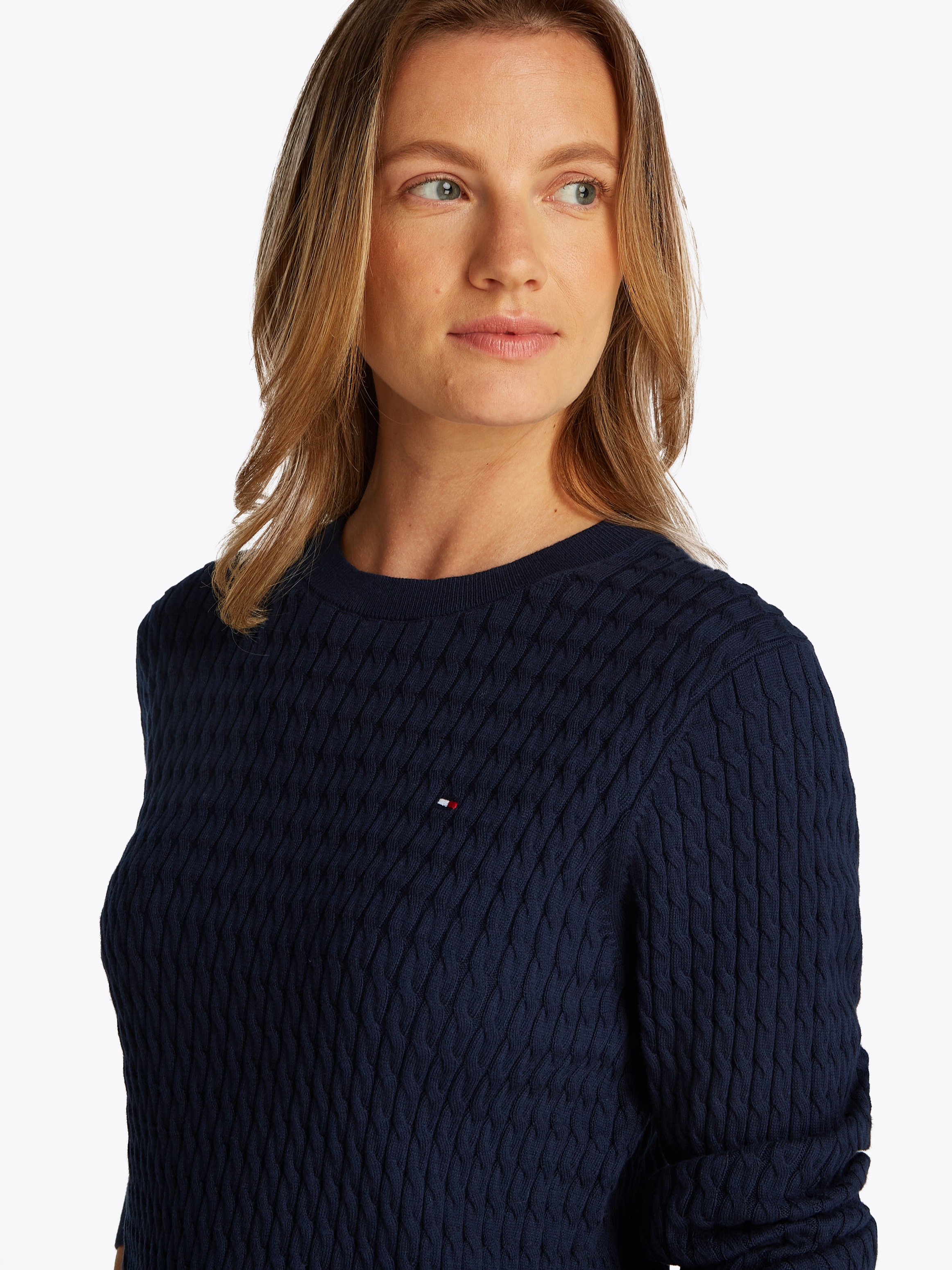 Tommy Hilfiger Rundhalspullover »CO CABLE C-NK LS SWEATER«, mit Zopfmuster