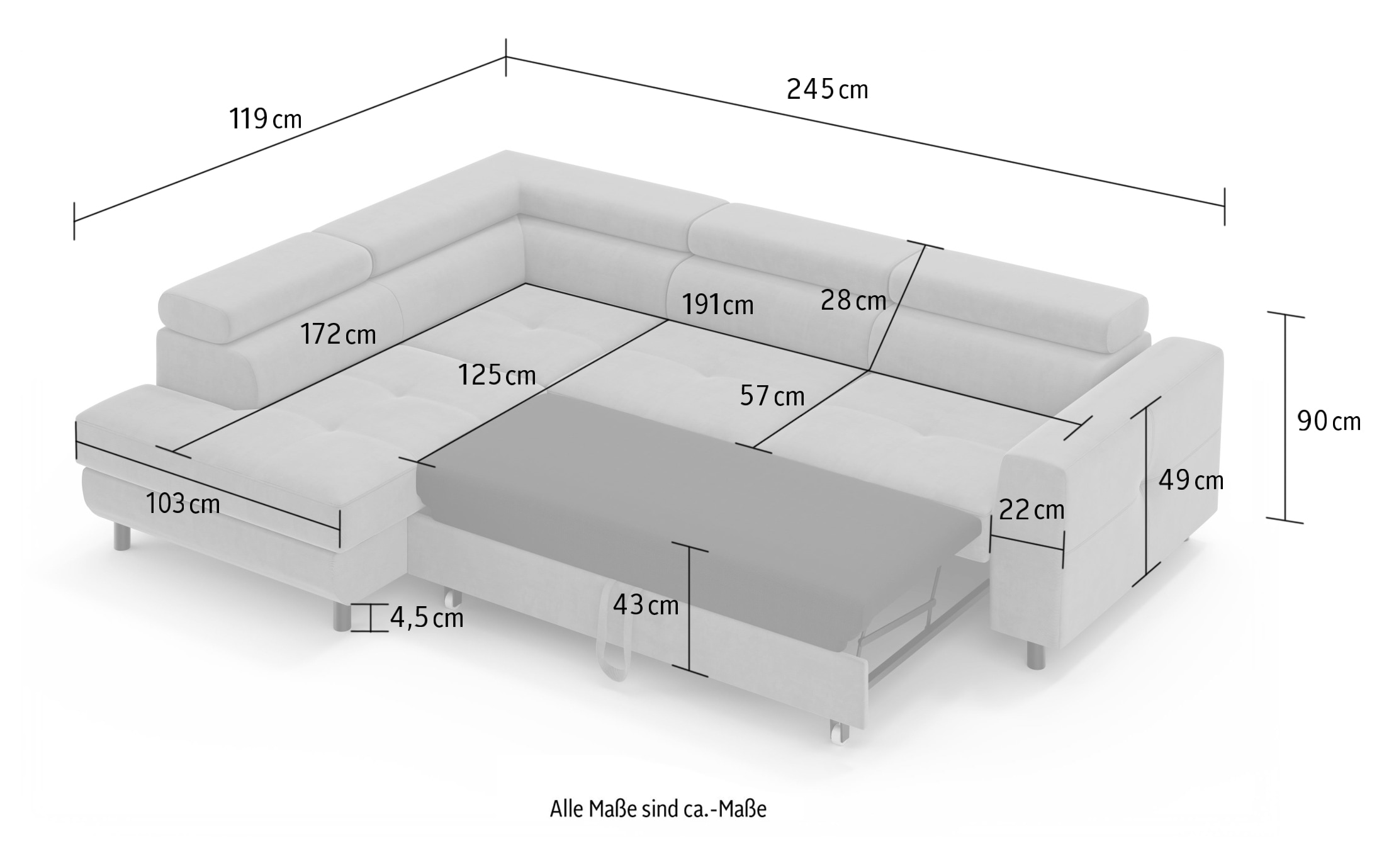 OTTO home Ecksofa »AADEN Schlafsofa mit verstellbaren Kopfstützen, B/T/H: 254/199/90 cm«, mit Bettfunktion und Bettkasten, Ottomane rechts/links bestellbar