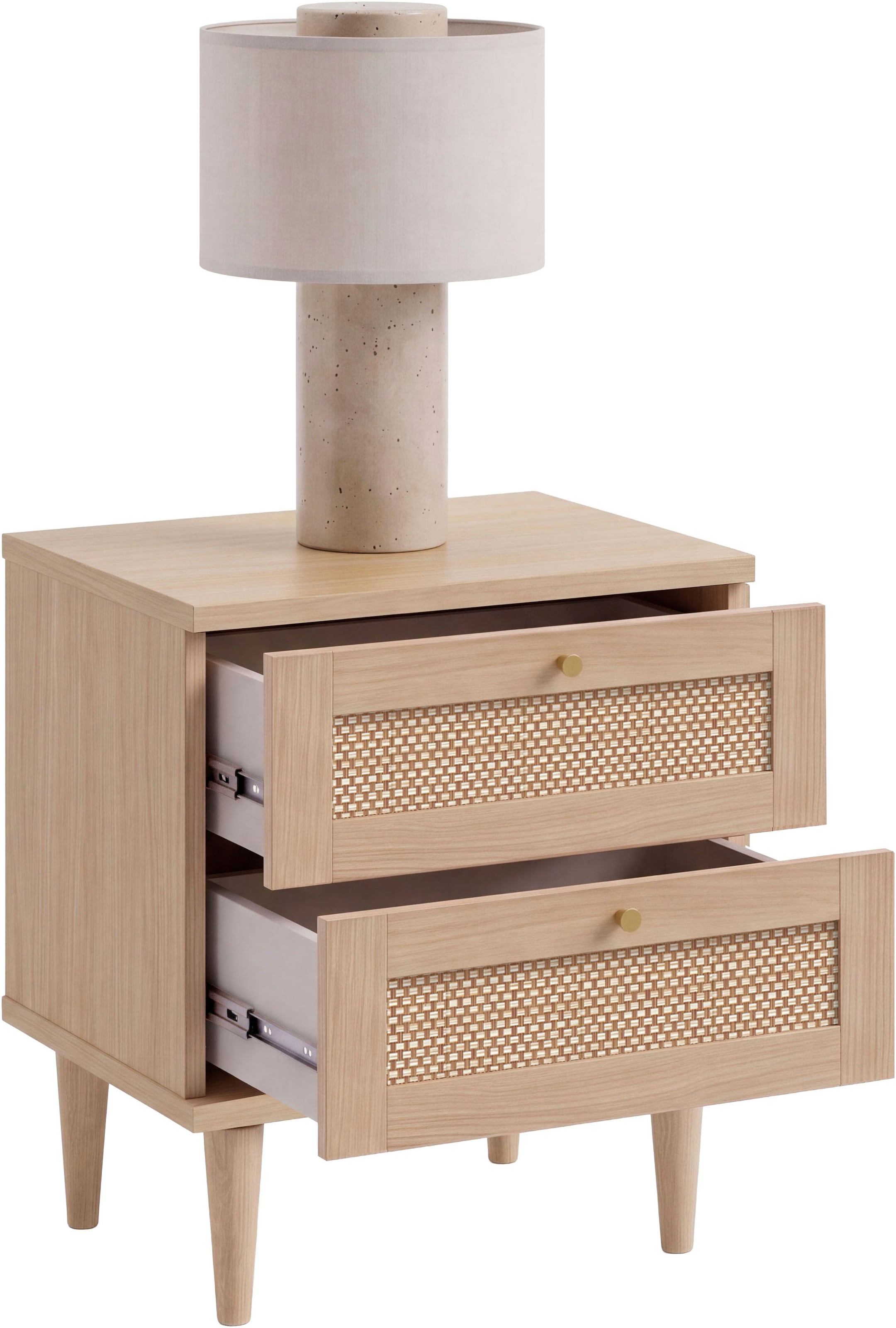 OTTO home Nachtkommode »ELLIAN mit natürlicher Geflechtoptik, 2 Schubladen« Holzfüße, Metallgriffe, Made in EU, viel Stauraum