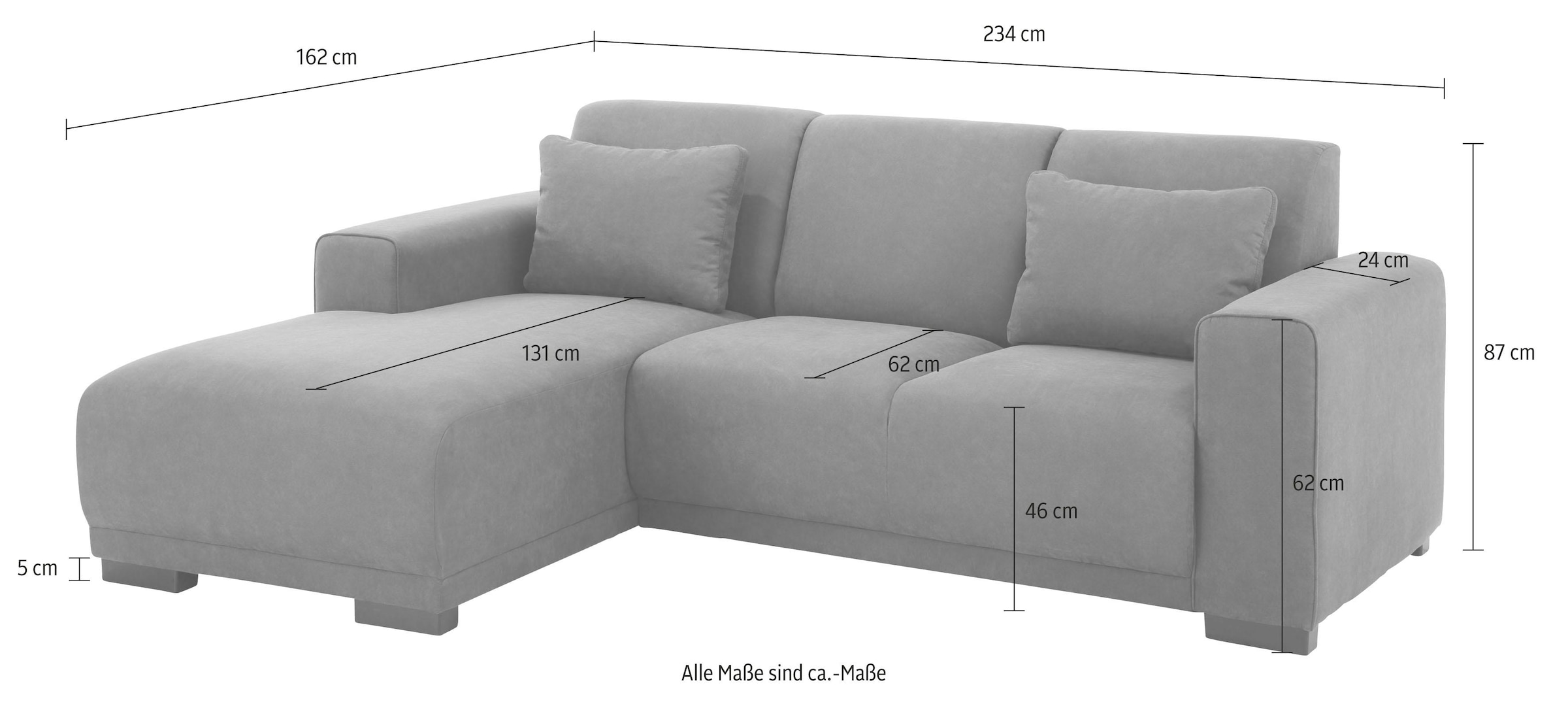 Home affaire Ecksofa »BORNHOLM L-Form mit Recamiere, Maße B/T/H: 234/162/85 cm«, Recamiere links oder rechts bestellbar, Wellenfederung, inkl. 2 Kissen