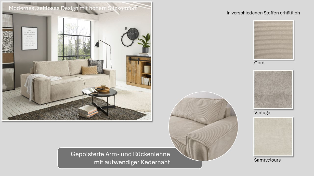 Home affaire 3-Sitzer »SHERWOOD Schlafsofa (257cm) Cord, Samtvelours, Vintage-Lederoptik«, Schlaffunktion mit Bettkasten (ca. 136/200cm)