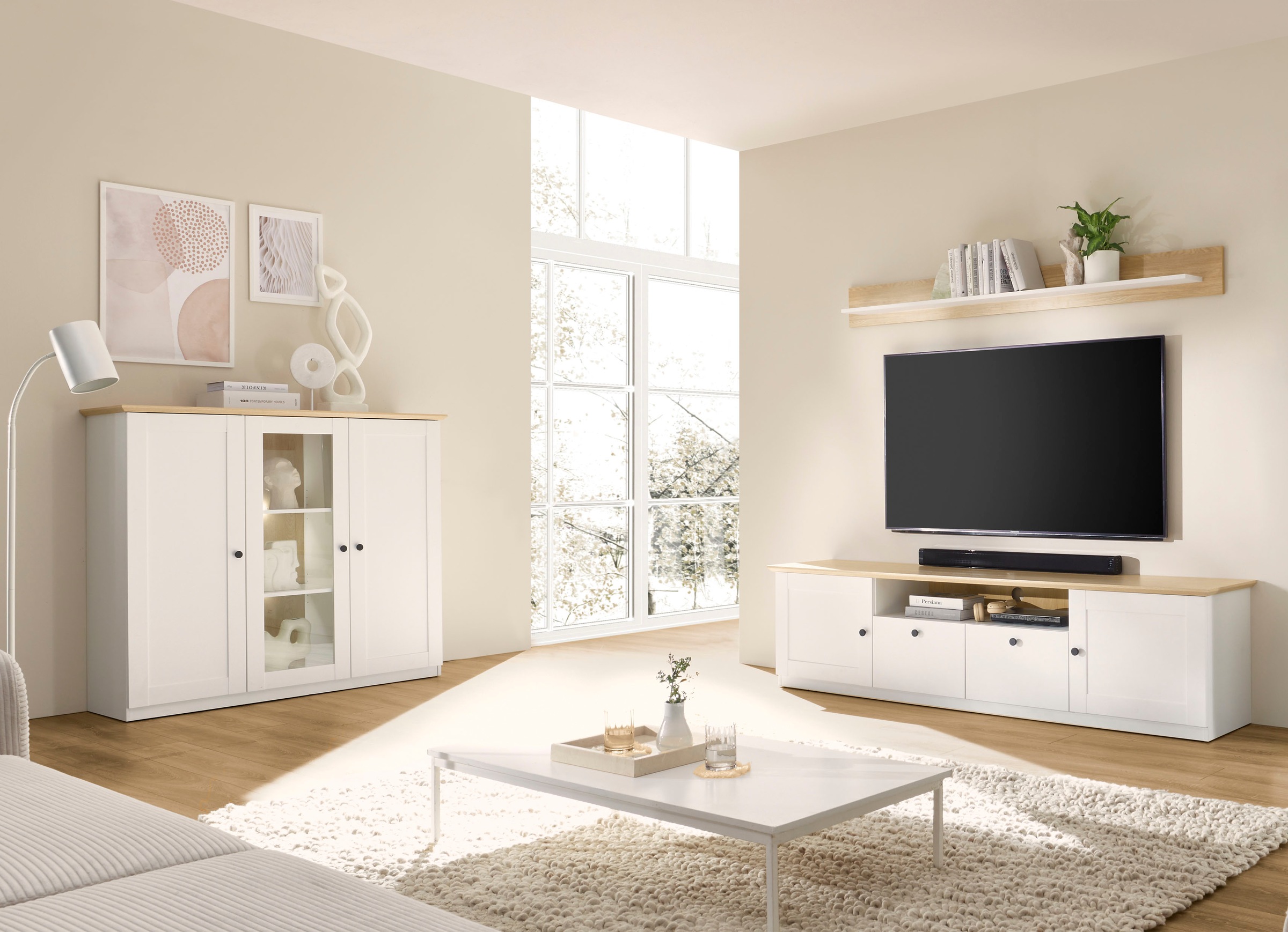 OTTO home Highboard »Brest, Schrank im Landhausstil, Sideboard, zeitloses Stauraumelement« schwarze Metallgriffe, ausreichend Stauraum, Glastür, 139 cm breit
