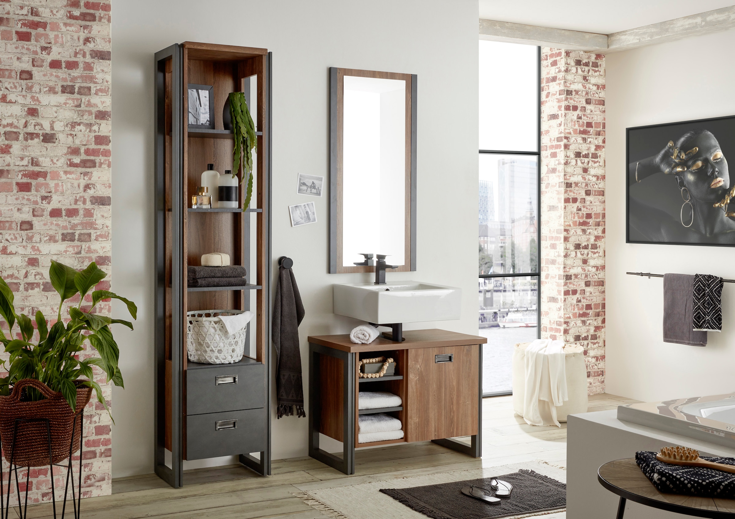 Home affaire Badmöbel-Set »Detroit, Bad im Industrialdesign, 3-teiliges Badezimmer«, (Set, 3 St.), Unterschrank, Regal & Spiegel, holzfarben, offene Fächer & Stauraum