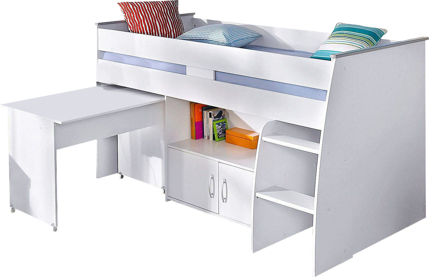 Hochbett »Reverse«, mit ausziehbaren Schreibtisch, Kommode mit 2 Türen und Ablagefläche