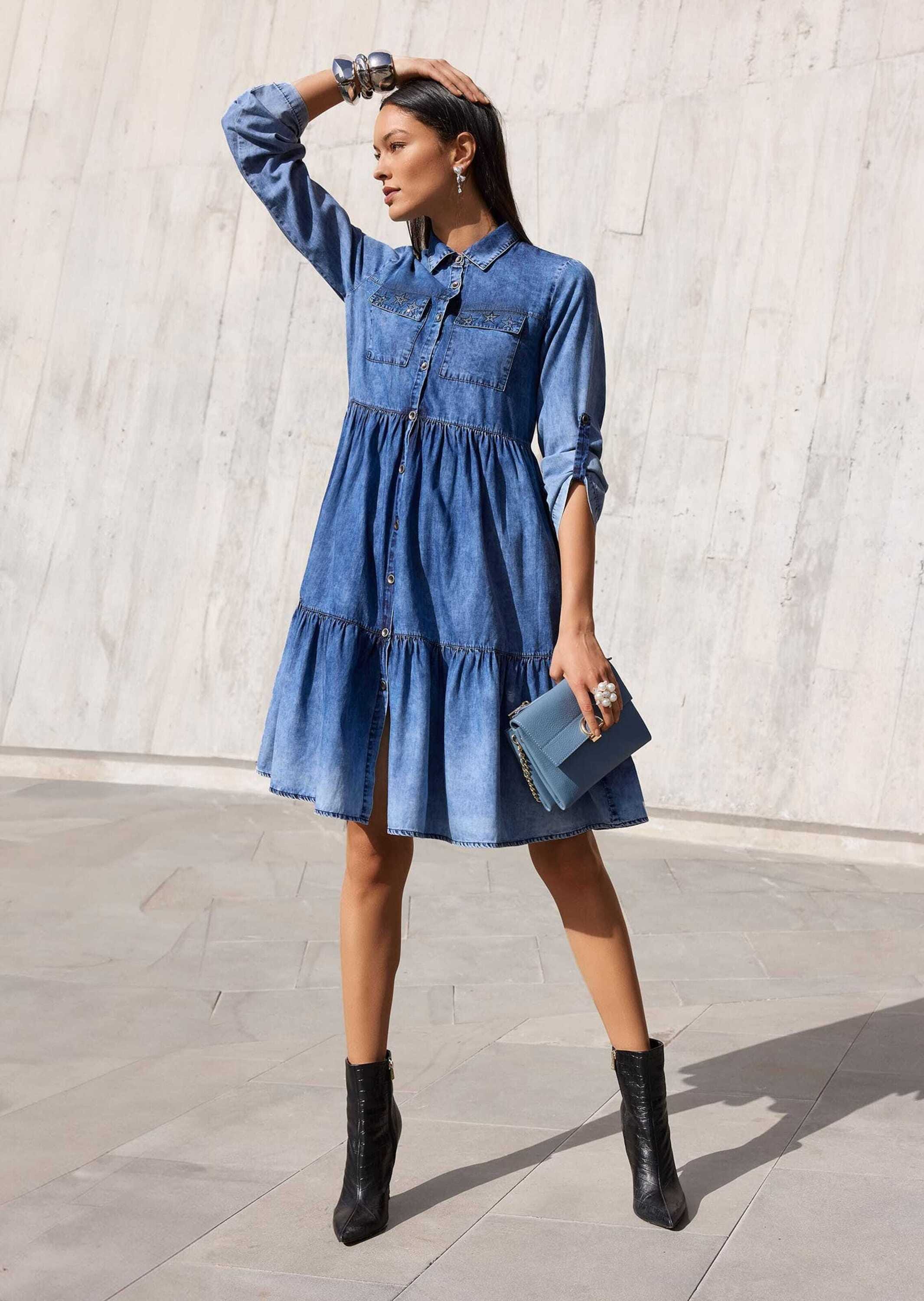 MADELEINE Midikleid »Kleid Jeanskleid mit Stufenrock« Brusttasche