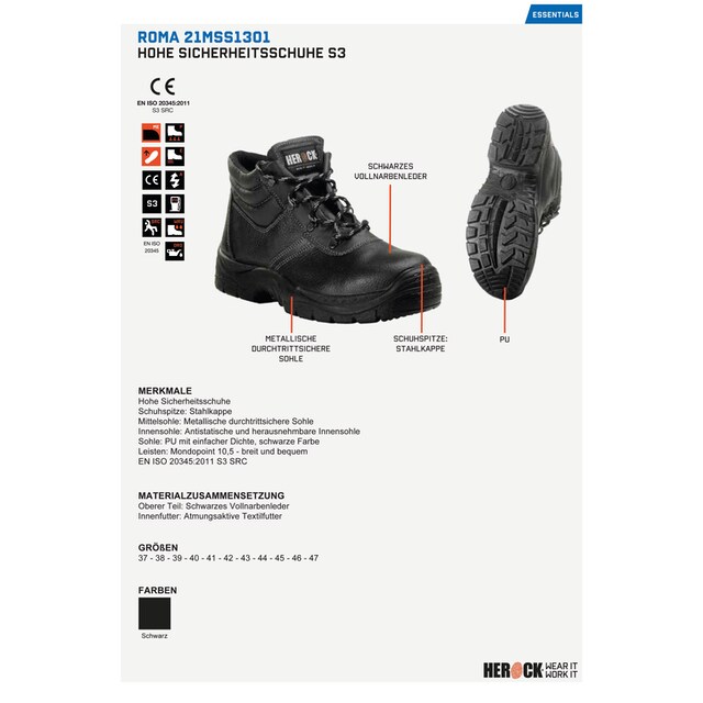 Herock Sicherheitsschuh »Roma High Steel S3 Schuhe«, echtes Leder,  durchtrittschutz, rutschhemmend, weit bestellen | BAUR