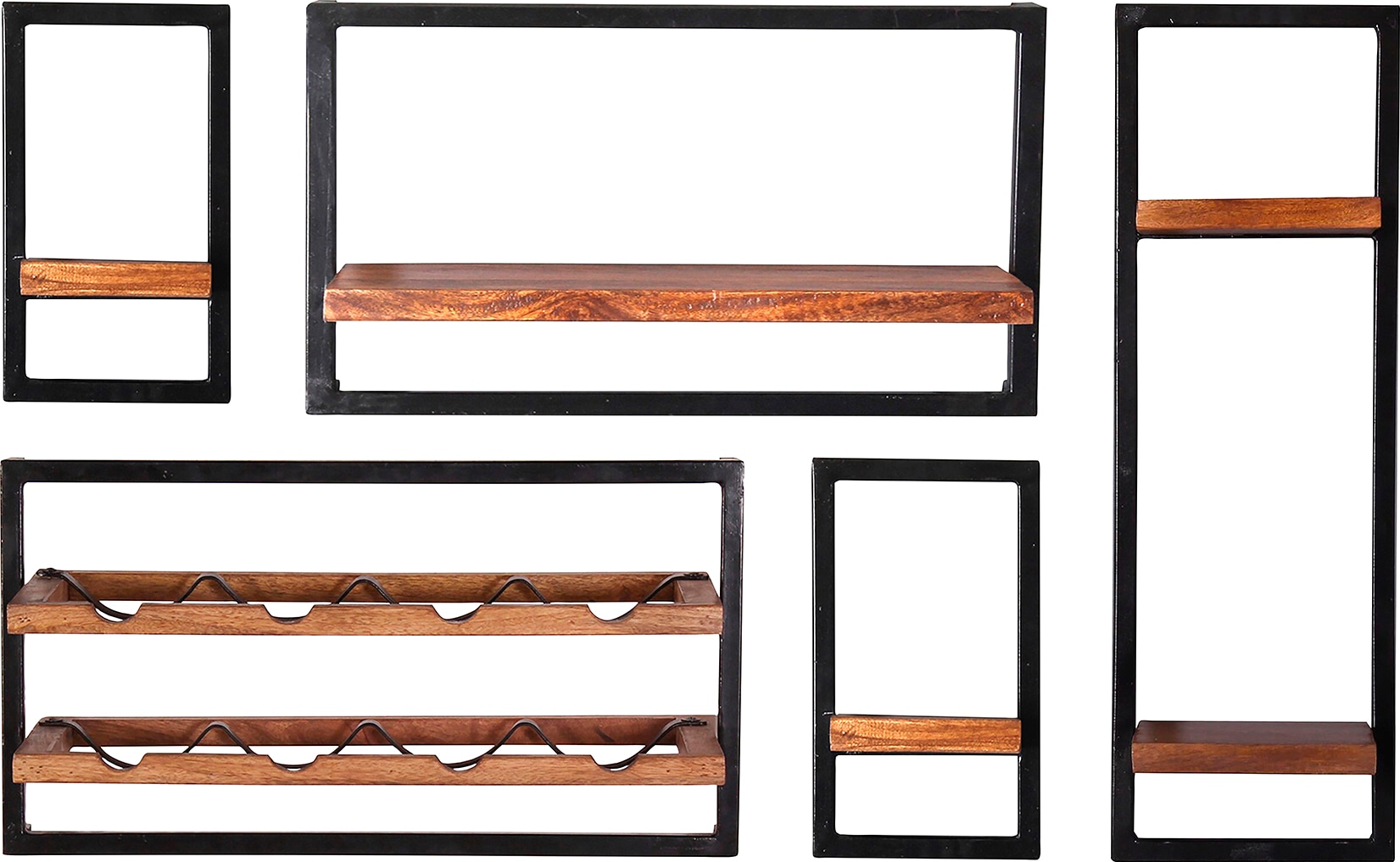 SIT Wandregal "Darwin Regalset 5-tlg. aus Mangoholz & Altmetall im Industrial-Stil" Set, 5 Stk. tlg. 5-teiliges Regalset mit Weinregal zur individuellen Gestaltung