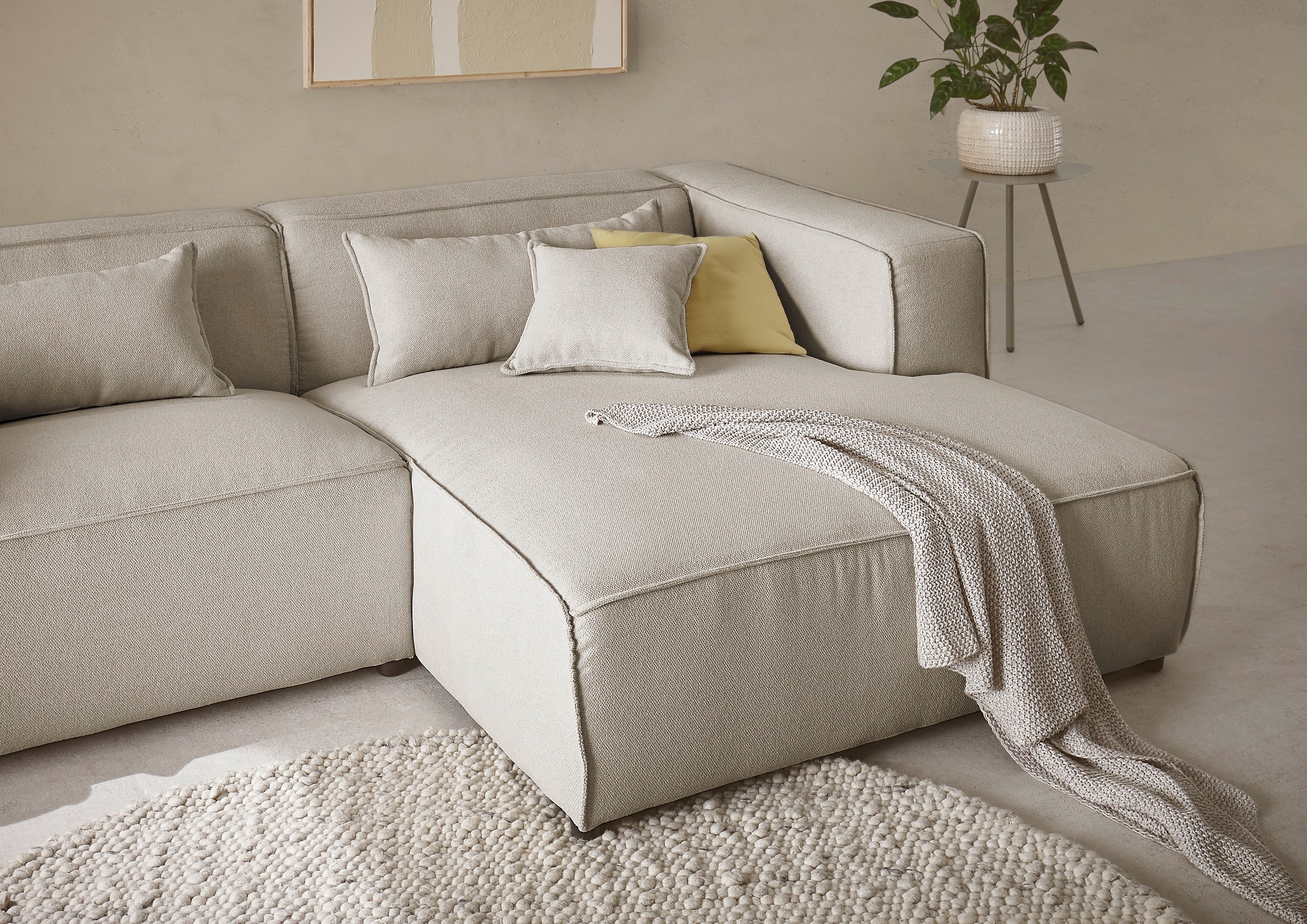 LeGer Home by Lena Gercke Ecksofa »PIARA mit Kedernaht in Cord oder Leinenoptik, moderne Couch in L-Form«, wahlweise Ottomane rechts/links, schwarze Füße, bequemer Sitzkomfort