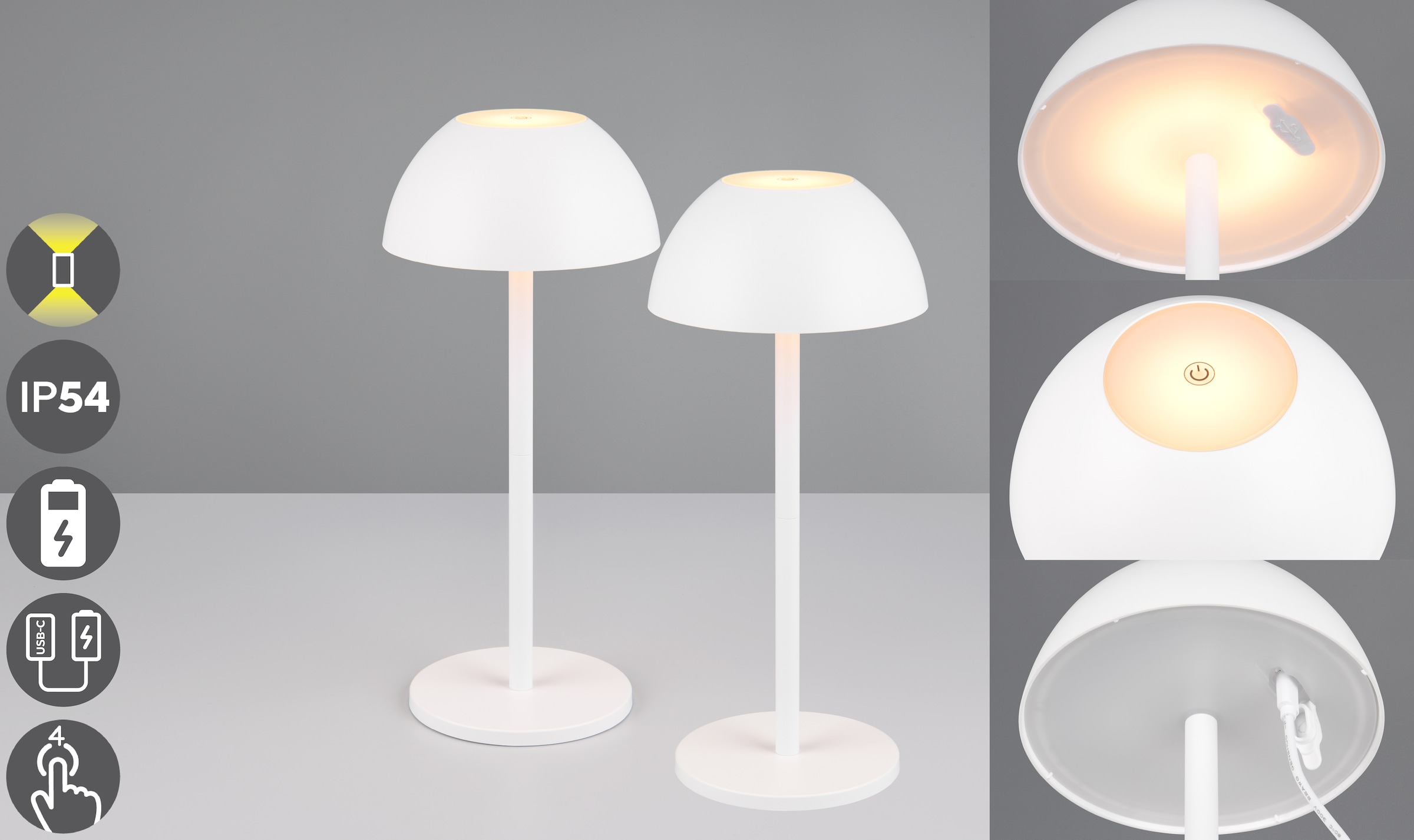 REALITY Leuchten "RICARDO Tischleuchte 2er-Set" LED-Board 2 Stk. Warmweiß 2er Set Outdoor Akku Tischlampe Pilzdesign USB-C 4-fach Touch Dimmer