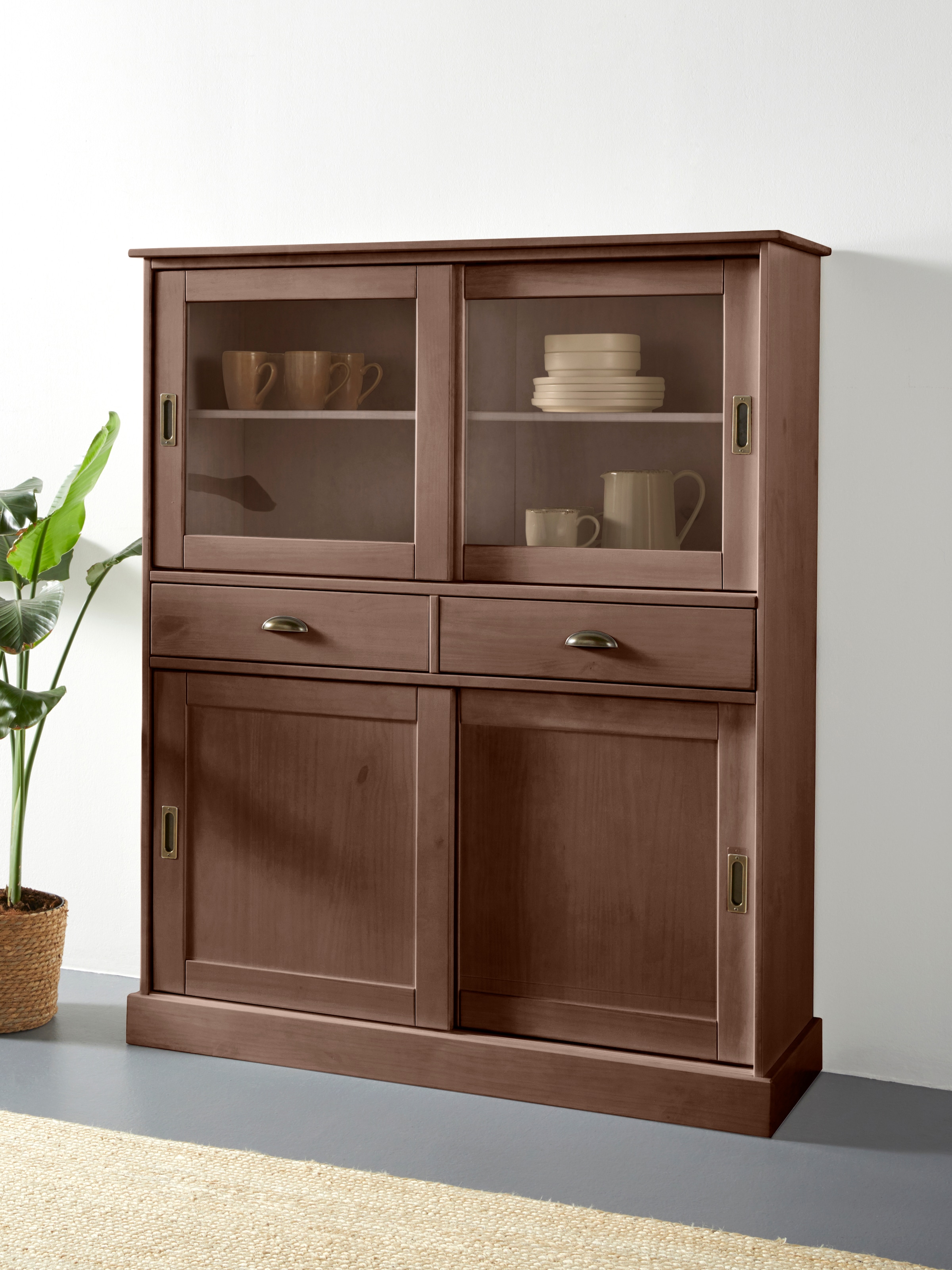 Highboard »Schröder«, mit 2 Glas- u. 2 Holztüren, 2 Schubkasten, aus massivem Kiefernholz