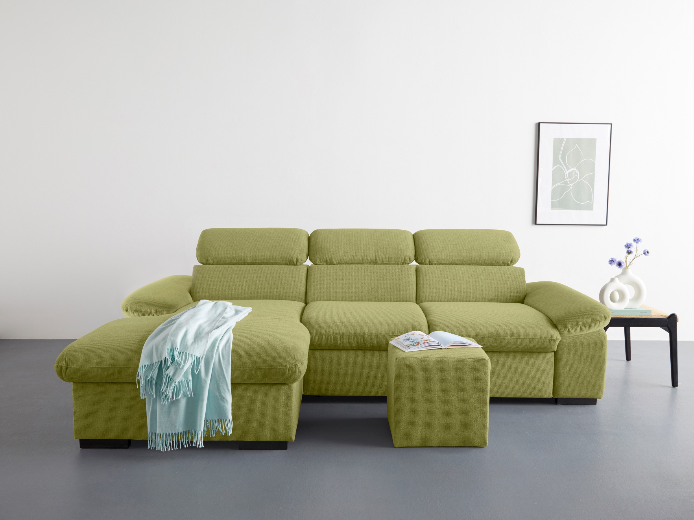 COTTA Ecksofa »Lola L-Form mit Kopfteilfunktion & Hocker«, (Set, mit Hocker), wahlweise mit Bettfunktion, Bettkasten & Armteilverstellung