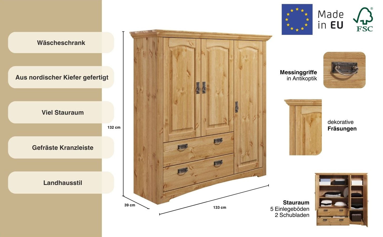 Thumbnail - Home affaire Wäscheschrank "Konrad", (2 Breiten: 94/133 cm H/T ca. 132/39 cm), aus massiver Kiefer, mit viel Stauraum