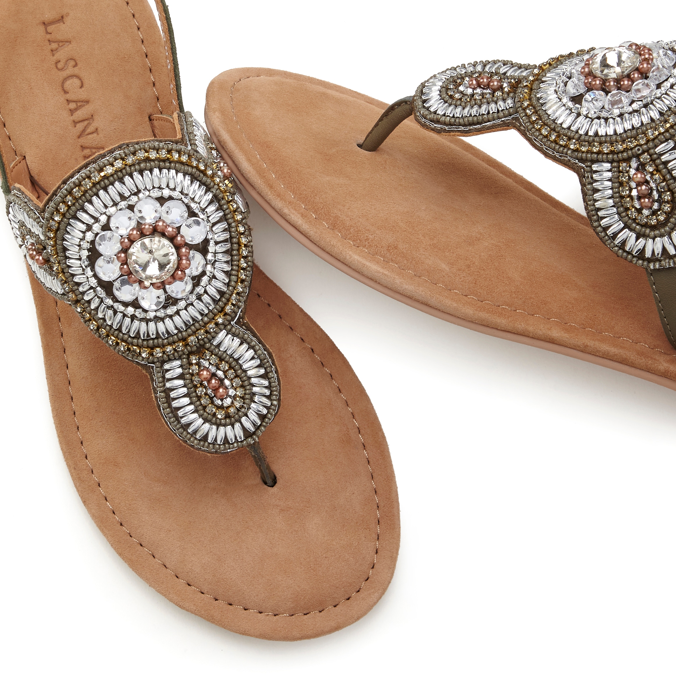 LASCANA Zehentrenner, Sandale, Pantolette in Glitzer-Optik und softer Lederinnensohle
