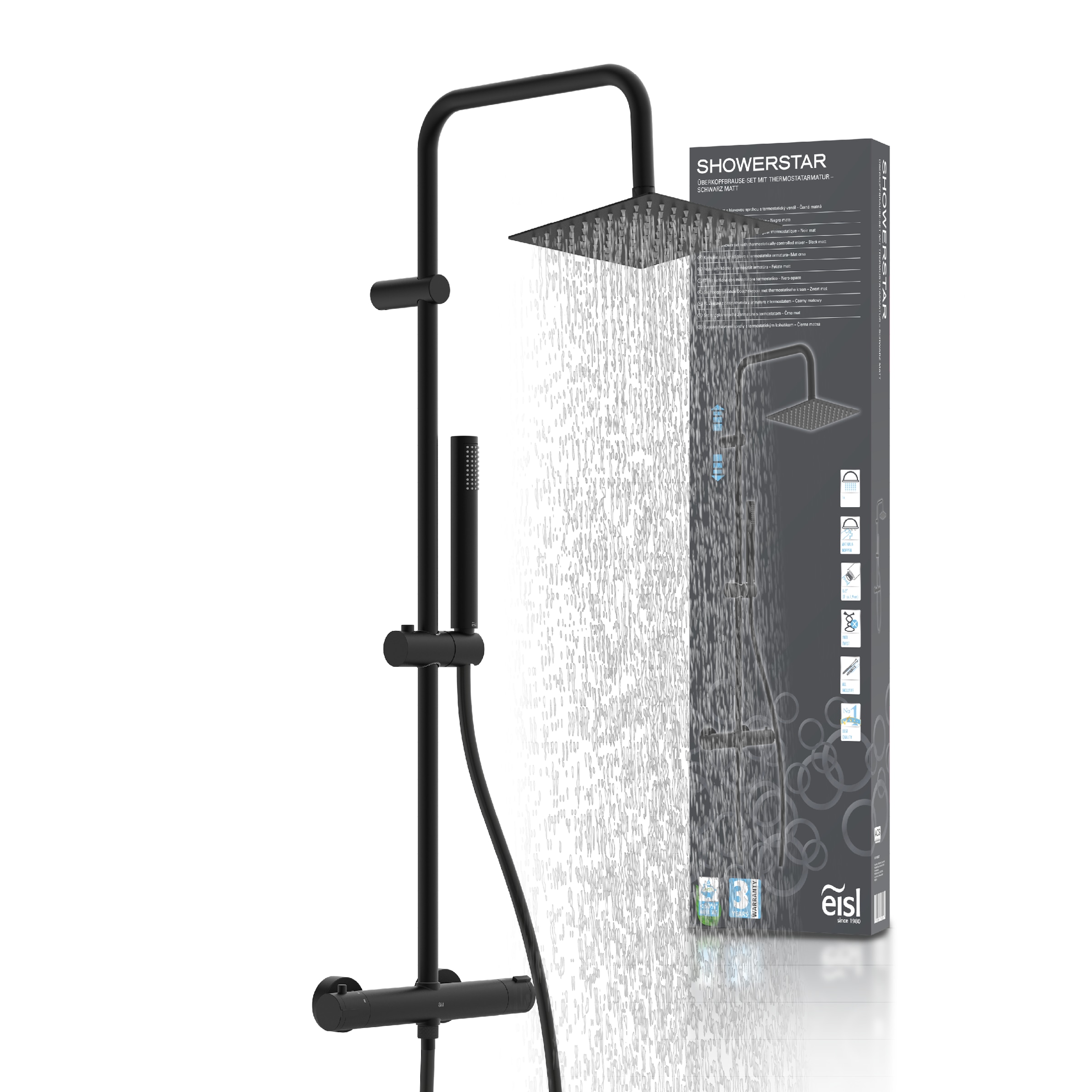 Eisl Brausegarnitur "SHOWERSTAR" Komplett-Set, Regendusche 20x20cm, Umsteller, Antikalk, Höhenverstellbar, Thermostat