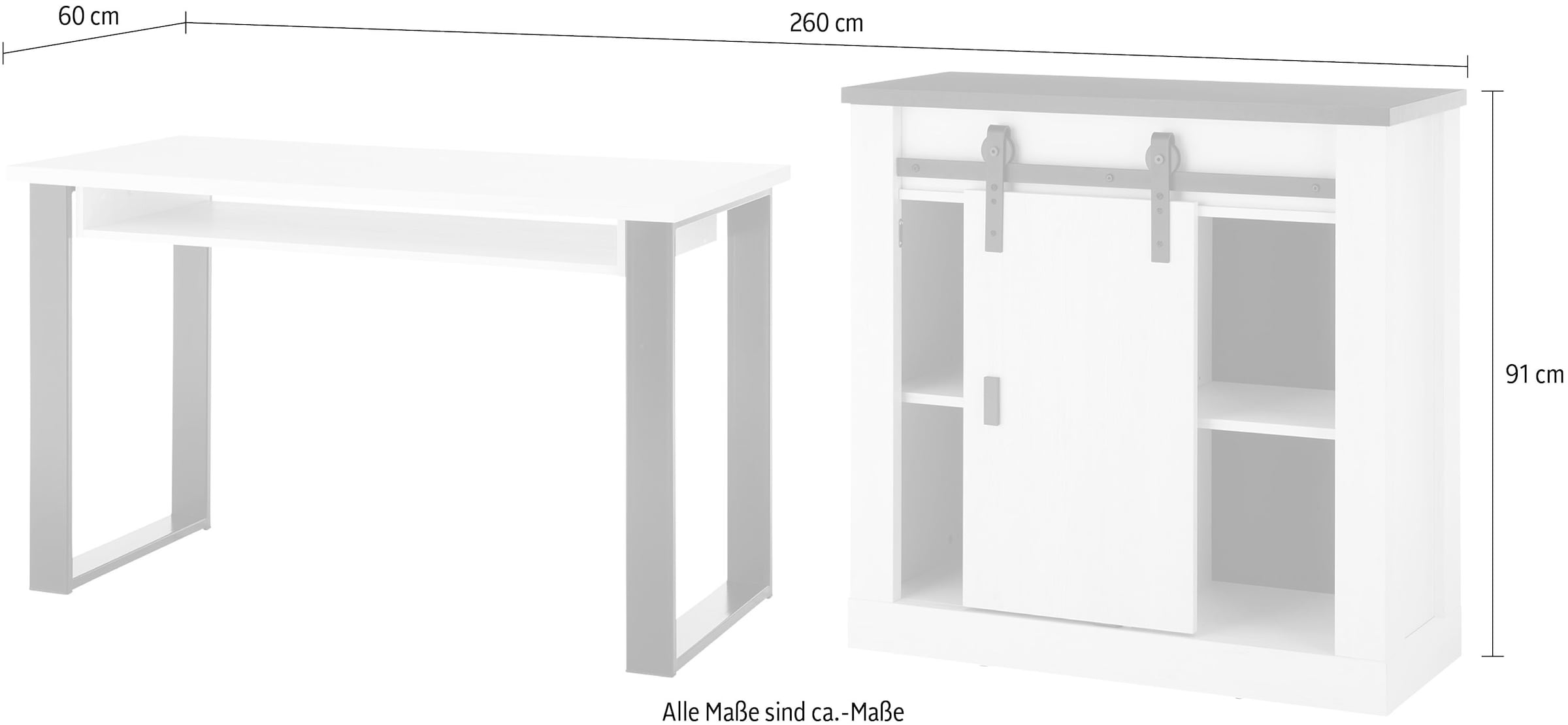 Home affaire Schrank-Set »SHERWOOD«, (2 St.), Büromöbel Set mit Scheunentorbeschlag aus Metall, Breite ca. 220 cm
