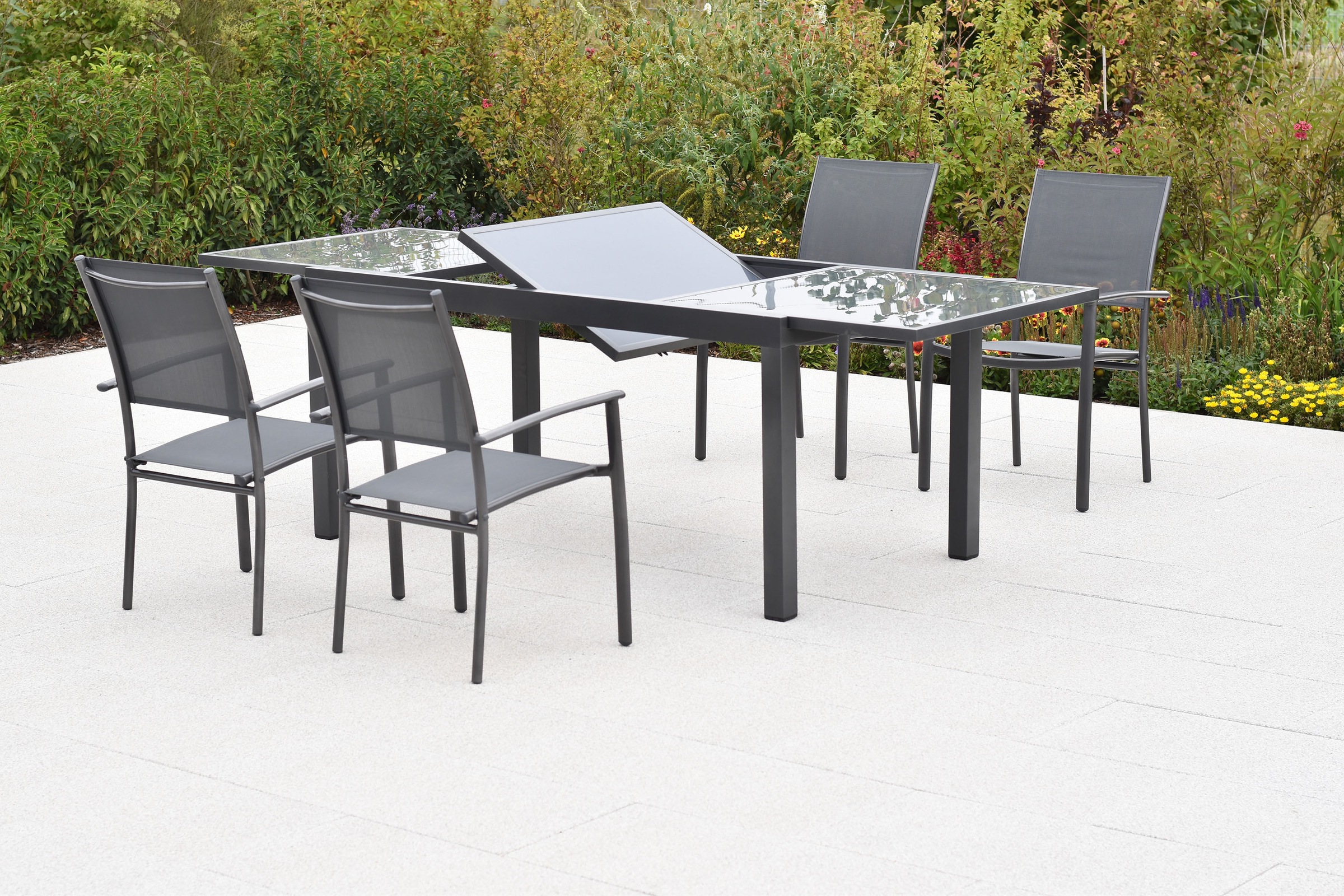 MERXX Garten-Essgruppe »»Milano««, (Set, 5 tlg.), Sessel stapelbar, Tisch ausziehbar