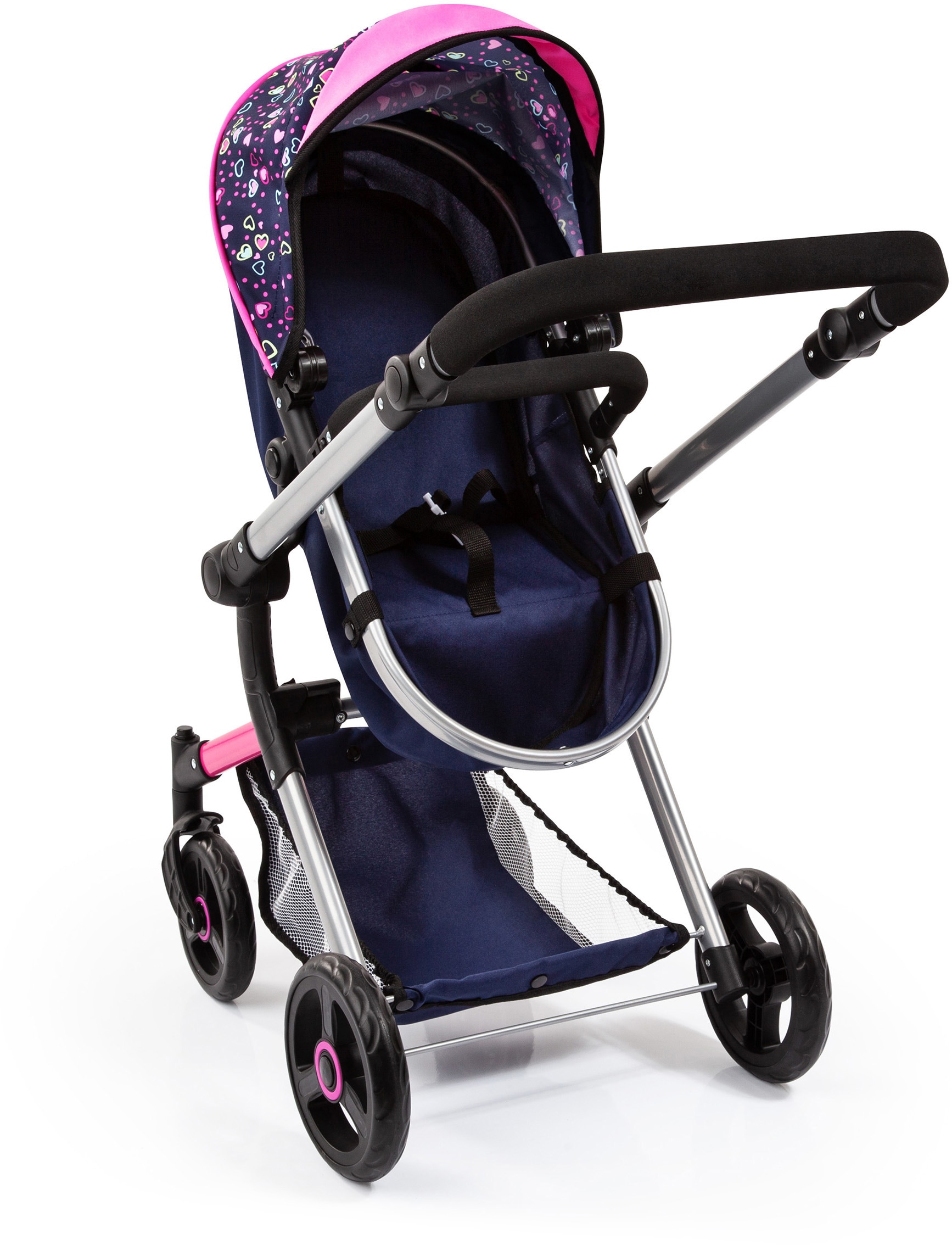 Bayer Kombi-Puppenwagen »Vario, Blau/Pink/Herzchen«, inkl. Wickeltasche