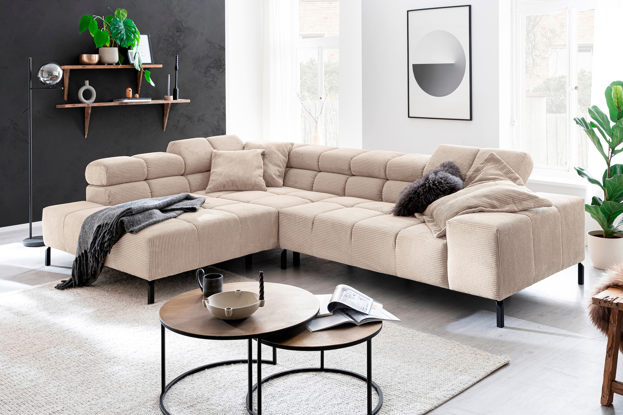 Home affaire Ecksofa "Ancona New, wahlweise motorische Sitztiefenverstellung, auch in Cord" feine Steppung, mit Kopfteilverstellung, 3 Zierkissen, L-Form
