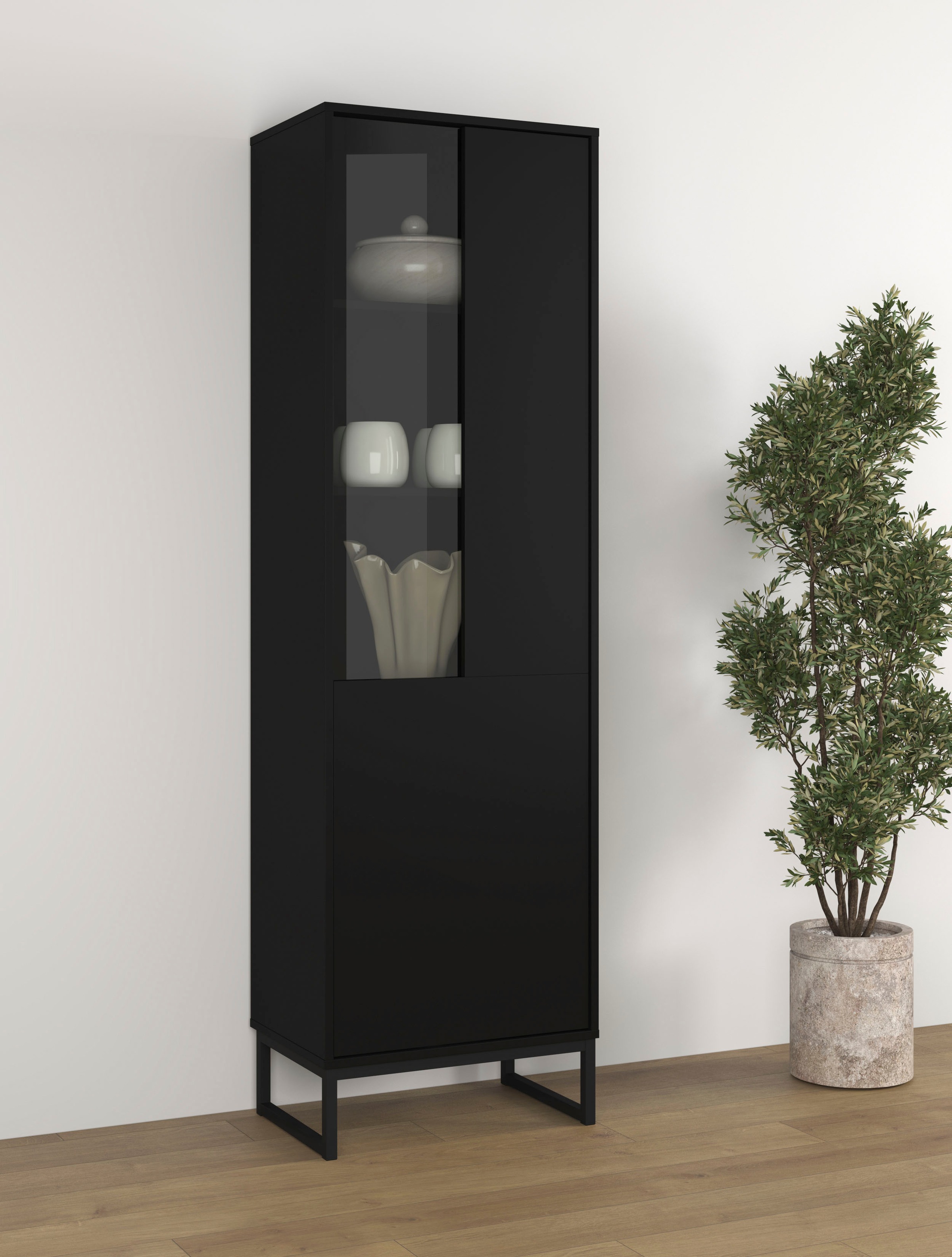 OTTO home Vitrine »Olbia, Höhe 180cm, Standvitrine mit Glastür, Metallkufen, push-to-open« Hochschrank mit viel Stauraum, Glastür, verstellbaren Einlegeböden