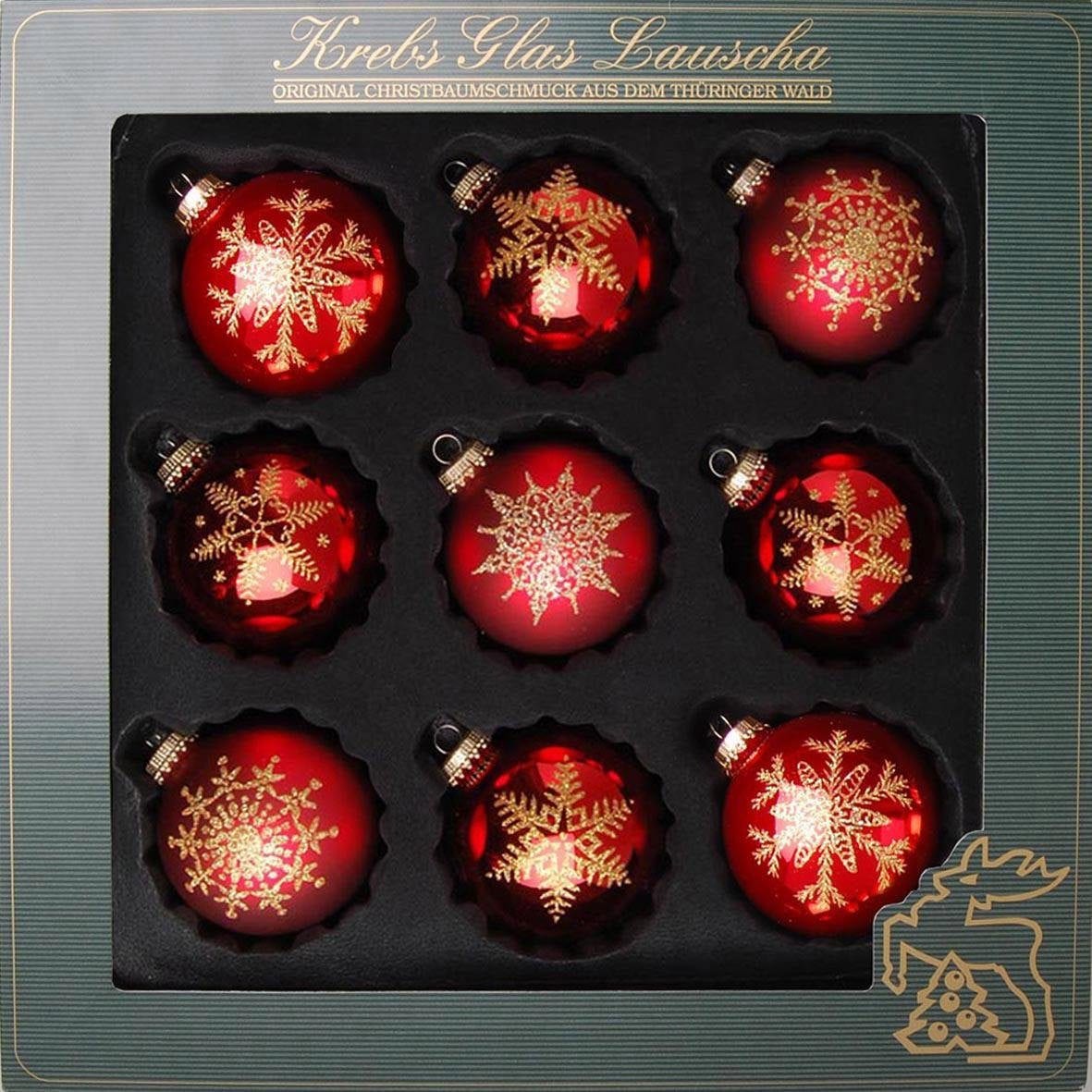 Weihnachtsbaumkugel "Schneeflocke, Weihnachtsdeko rot, Christbaumschmuck", 8cm, gold, KREBS GLAS LAUSCHA, Weihnachtsbaumkugeln, hochwertige