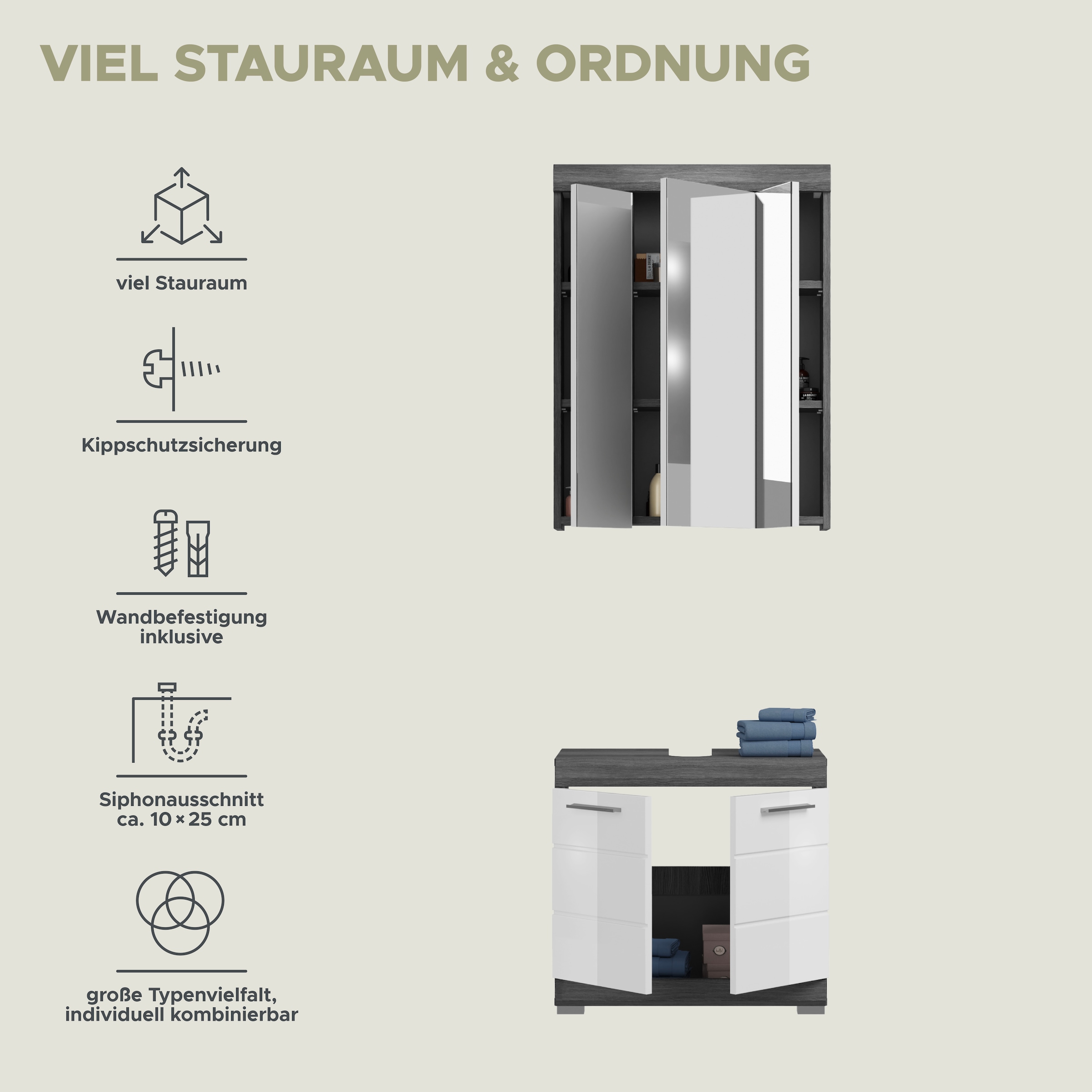 INOSIGN Badmöbel-Set »Siena, 2 tlg., bestehend aus: Waschbeckenunterschrank, Spiegelschrank«, (Set, 2 St.), in verschiedenen Farben erhältlich, Badmöbel, Kombination, Badezimmer