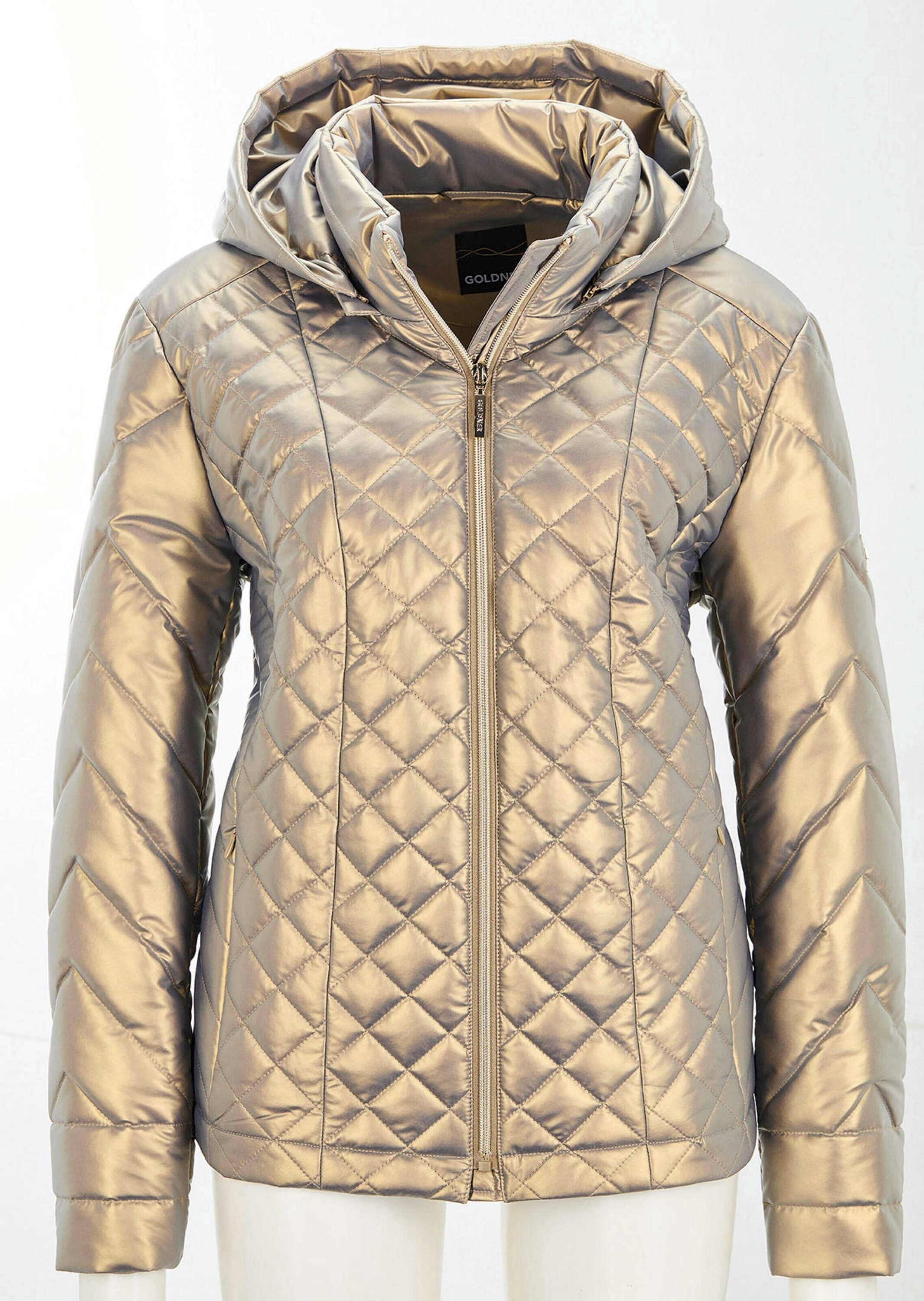 Steppjacke GOLDNER "Steppjacke im Metallic-Look", Damen, Gr. 44, gold (goldfarben), Obermaterial: 100% Polyamid PA., figurumspielend, Jacken Steppjacke, abnehmbare Kapuze 3