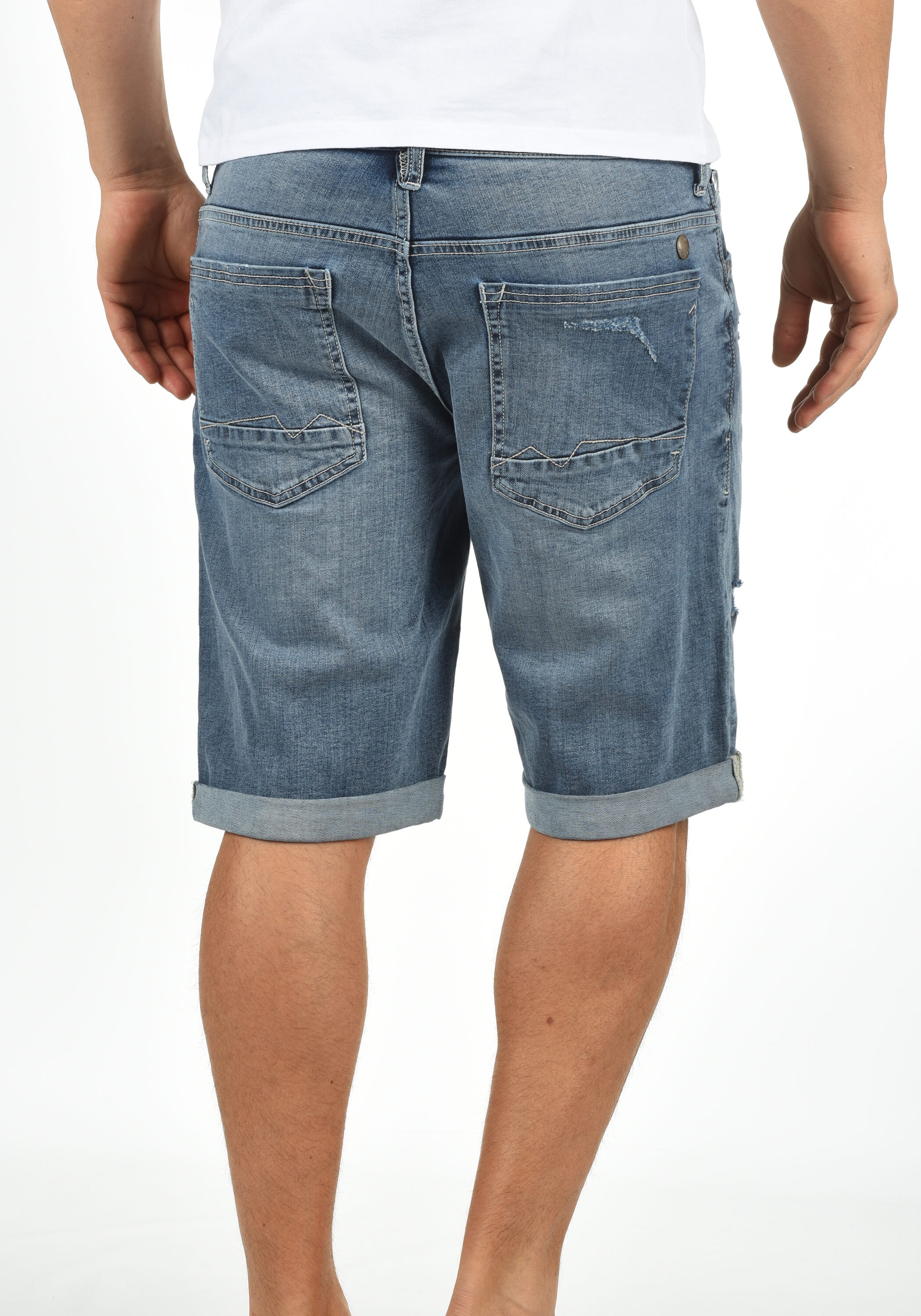 Jeansshorts BLEND "BHDeniz", Herren, Gr. S, US-Größen, blau (denim lightblau), Web, 98% Baumwolle, 2% Elastan, unifarben, normal kurz, Jeans Jeansshorts, Stilvolle 5-Pocket-Jeansshorts mit Destroyed-Effekten 6