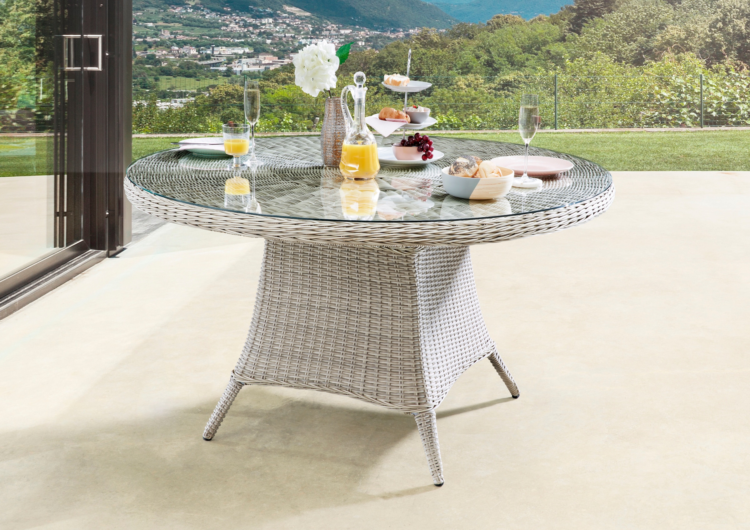 Destiny Garten-Essgruppe »PALMA LUNA«, (Set, 5 tlg., 1 Tisch Ø, 4 Hochlehner, verstellbar), (Set, 9-tlg., 4 Hochlehner, 1 Tisch Ø 100x75cm) Aluminium, Polyrattan