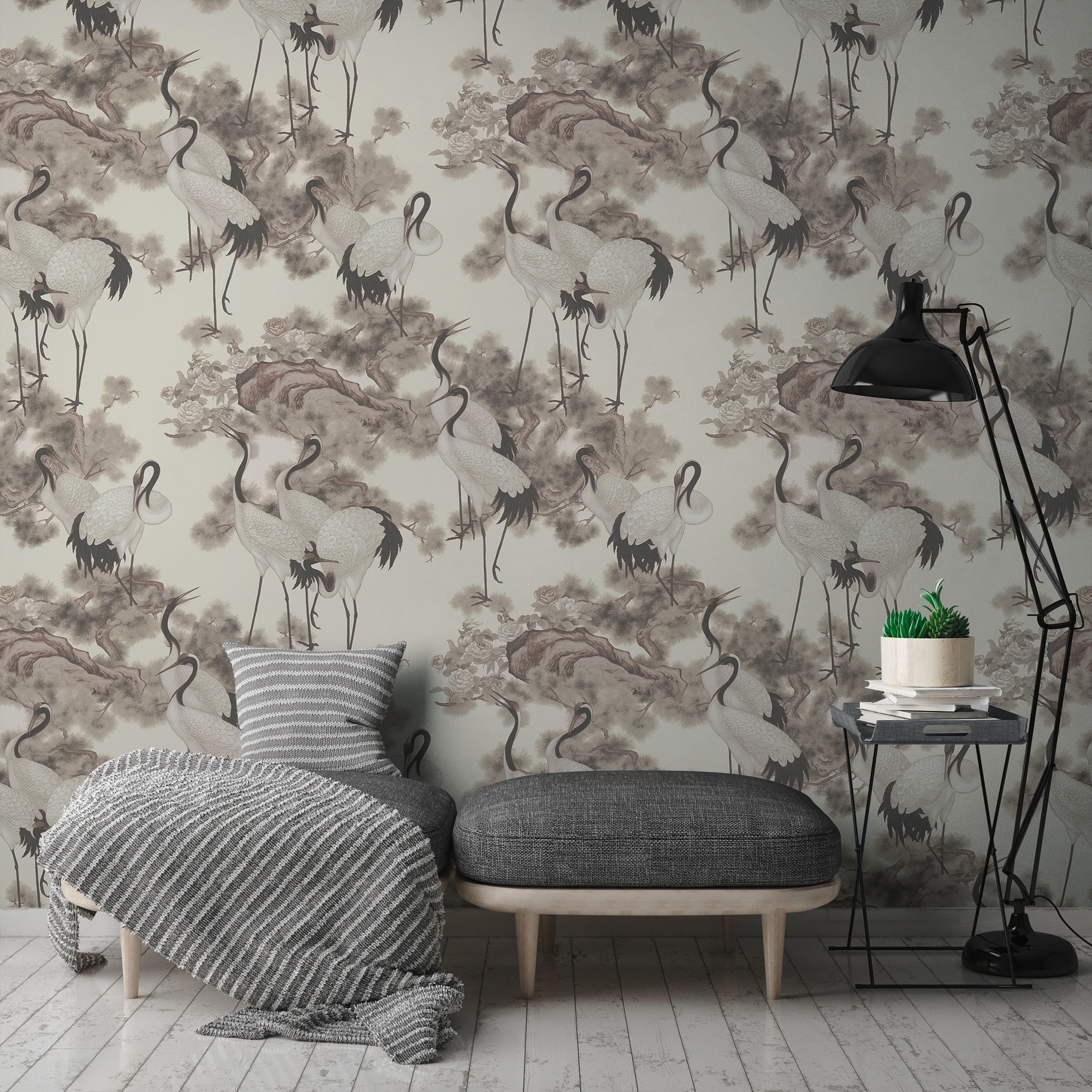living walls "LIMITED – Kraniche in Tuscheoptik" Motiv asiatisch naturalistisch leicht strukturiert Elegante Kraniche im asiatischen Aquarell- und Tusche-Stil