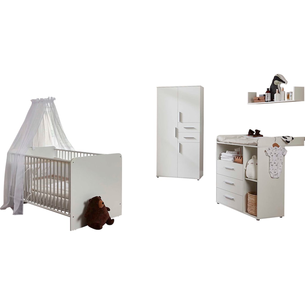 BMG Möbel Babyzimmer-Komplettset »Lea«, (Set, 4 St., Bett, Wickelkommode, Schrank, Wandboard), Bett + Wickelkommode + 3-trg. Schrank + Wandboard