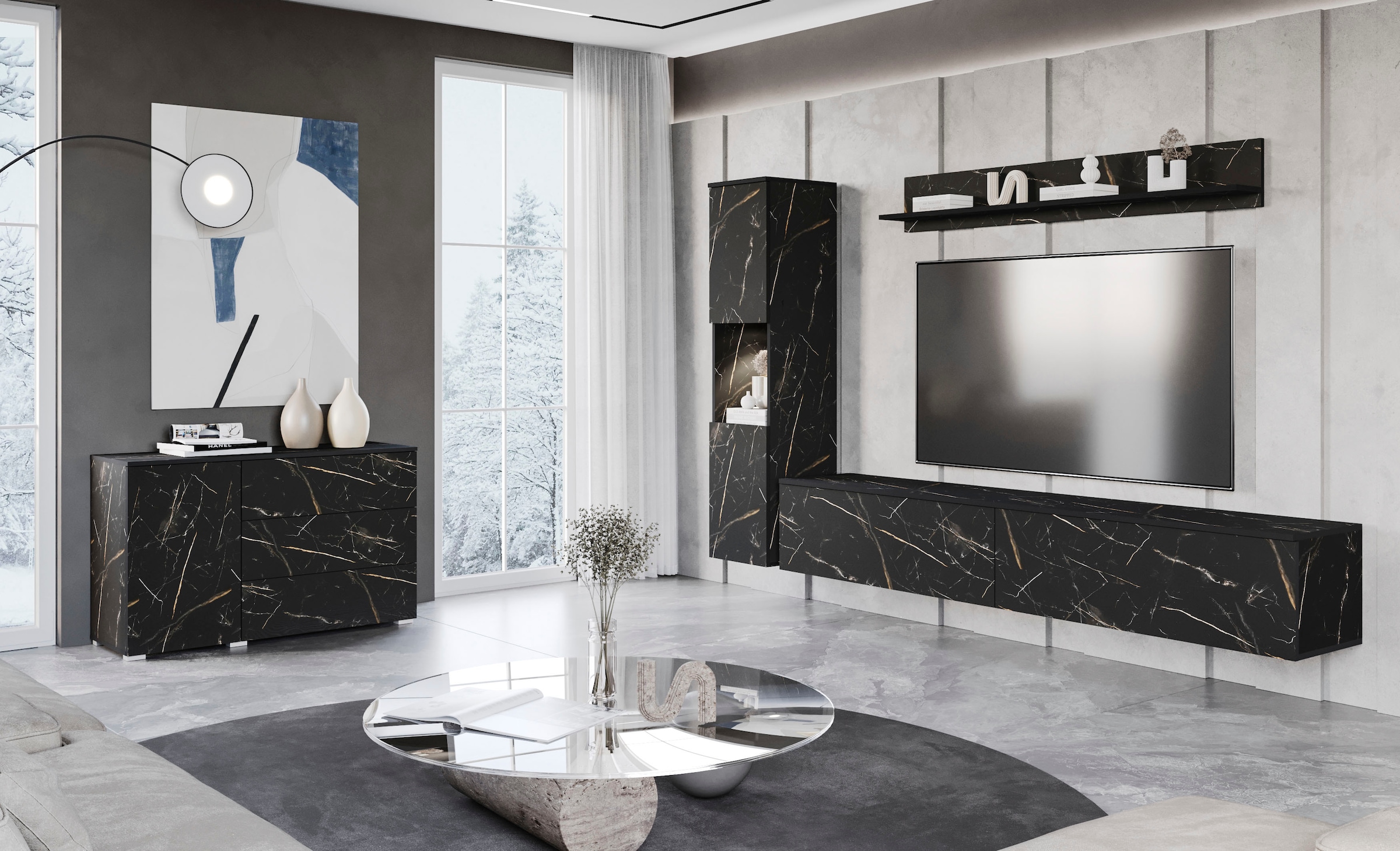INOSIGN Wohnwand »PARIS, Vitrine Türanschlag links/rechts wechselbar«, (Komplett-Set, 3 St.), grifflose Design, stehend und hängend montierbar