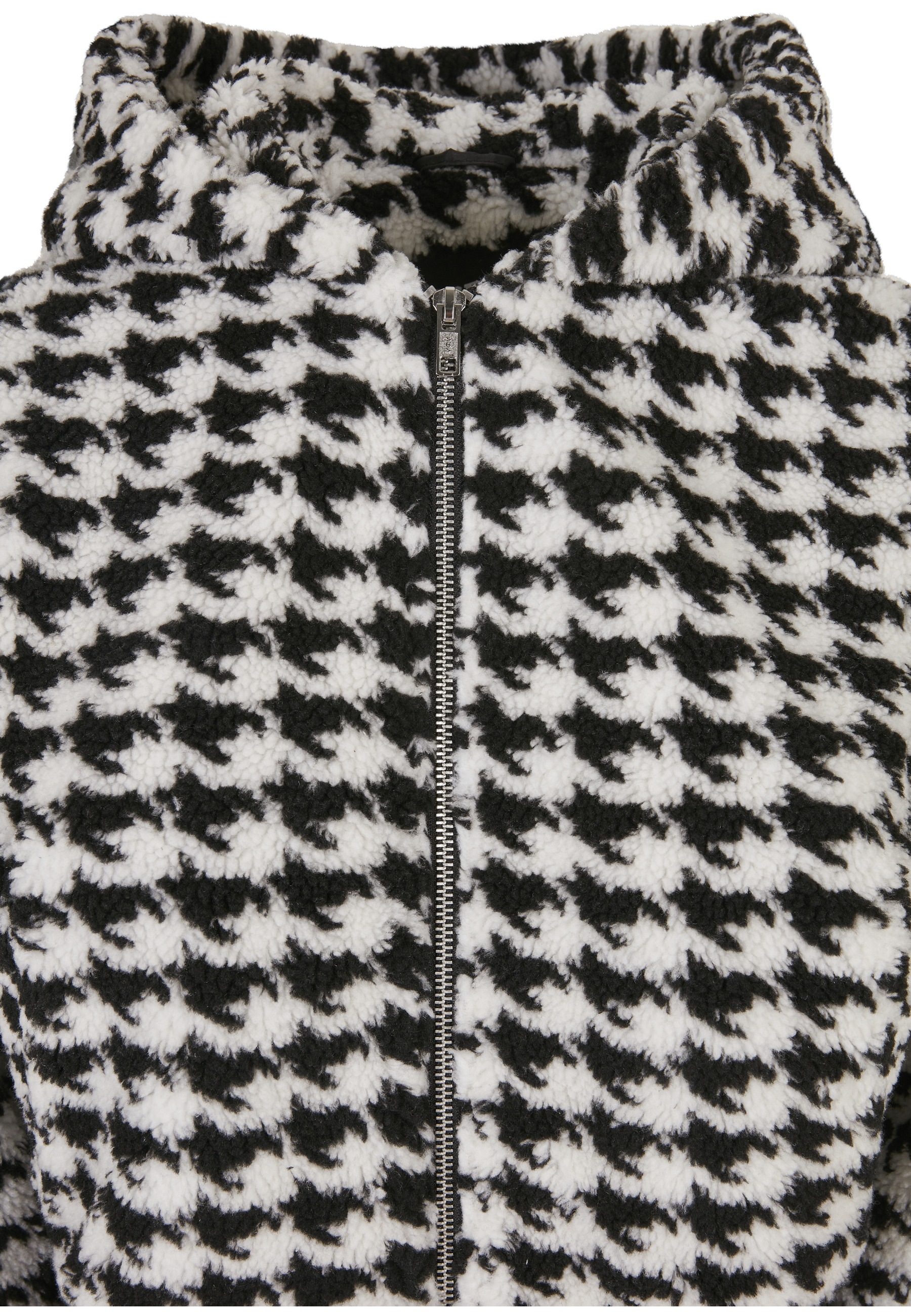Langmantel URBAN CLASSICS "Urban Classics Damen Ladies Short Oversized AOP Sherpa Jacket", Damen, Gr. M, schwarzhoundstooth, 100% Polyester, Mäntel 2