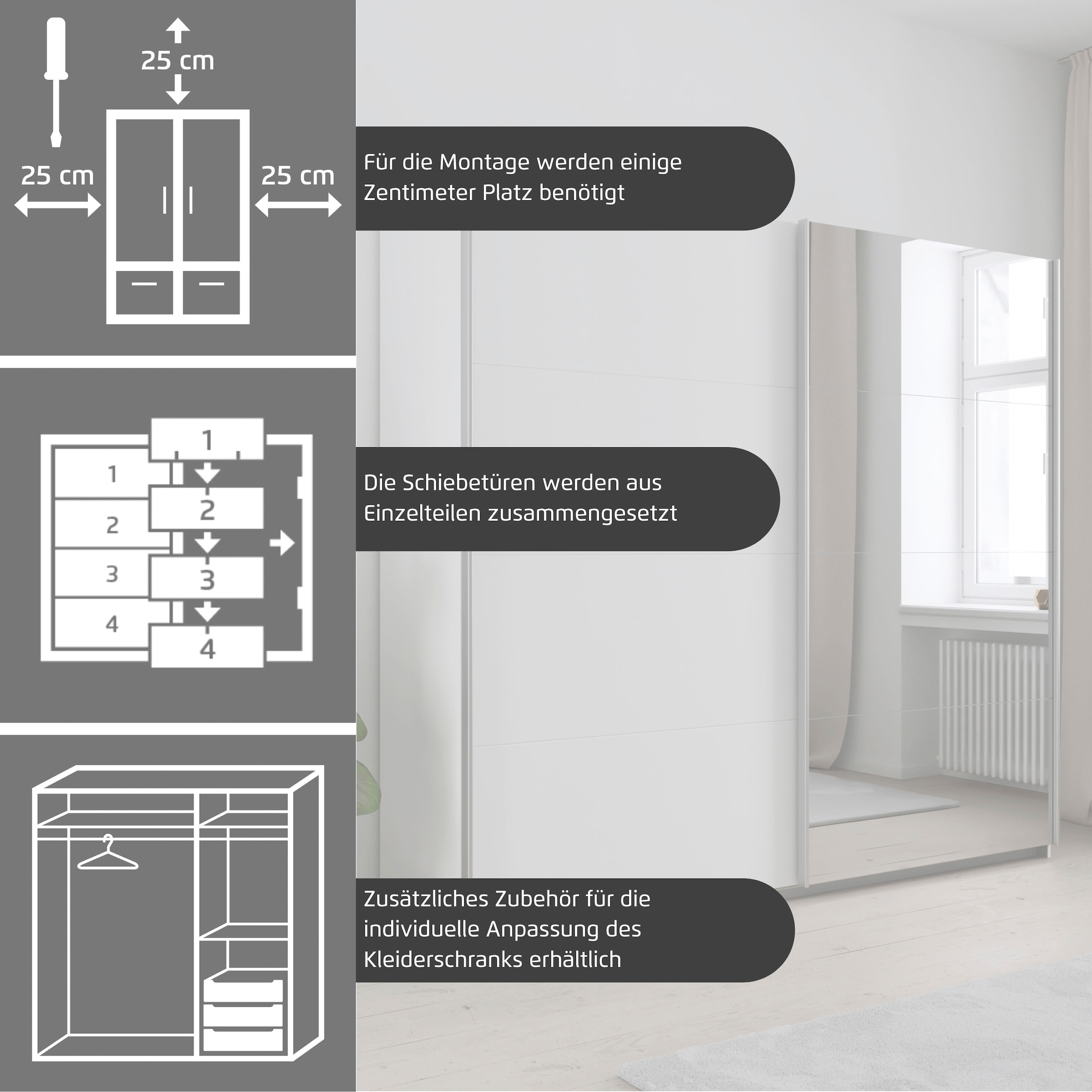 INOSIGN BY RAUCH Schwebetürenschrank »Kleiderschrank Schrank Garderobe Schlafzimmerschrank THANOS«, (in 3 verschiedenen Ausstattungen BASIC/CLASSIC/PREMIUM), Optional mit Spiegel, Metall-Griffleisten alufarben MADE IN GERMANY