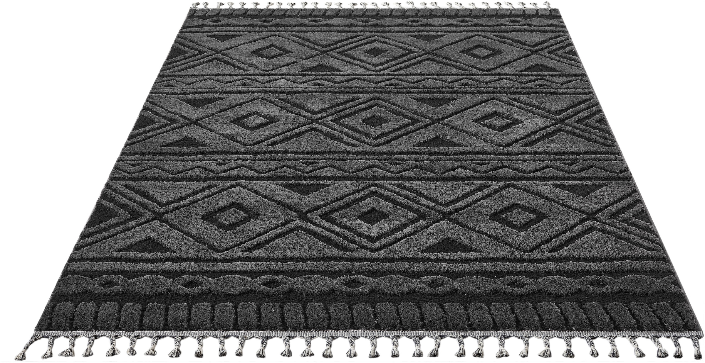 OTTO home Teppich »Bonvo« rechteckig 19 mm Höhe mit Fransen, Hoch-Tief-Struktur, Wohnzimmer, Schlafzimmer, Boho-Style