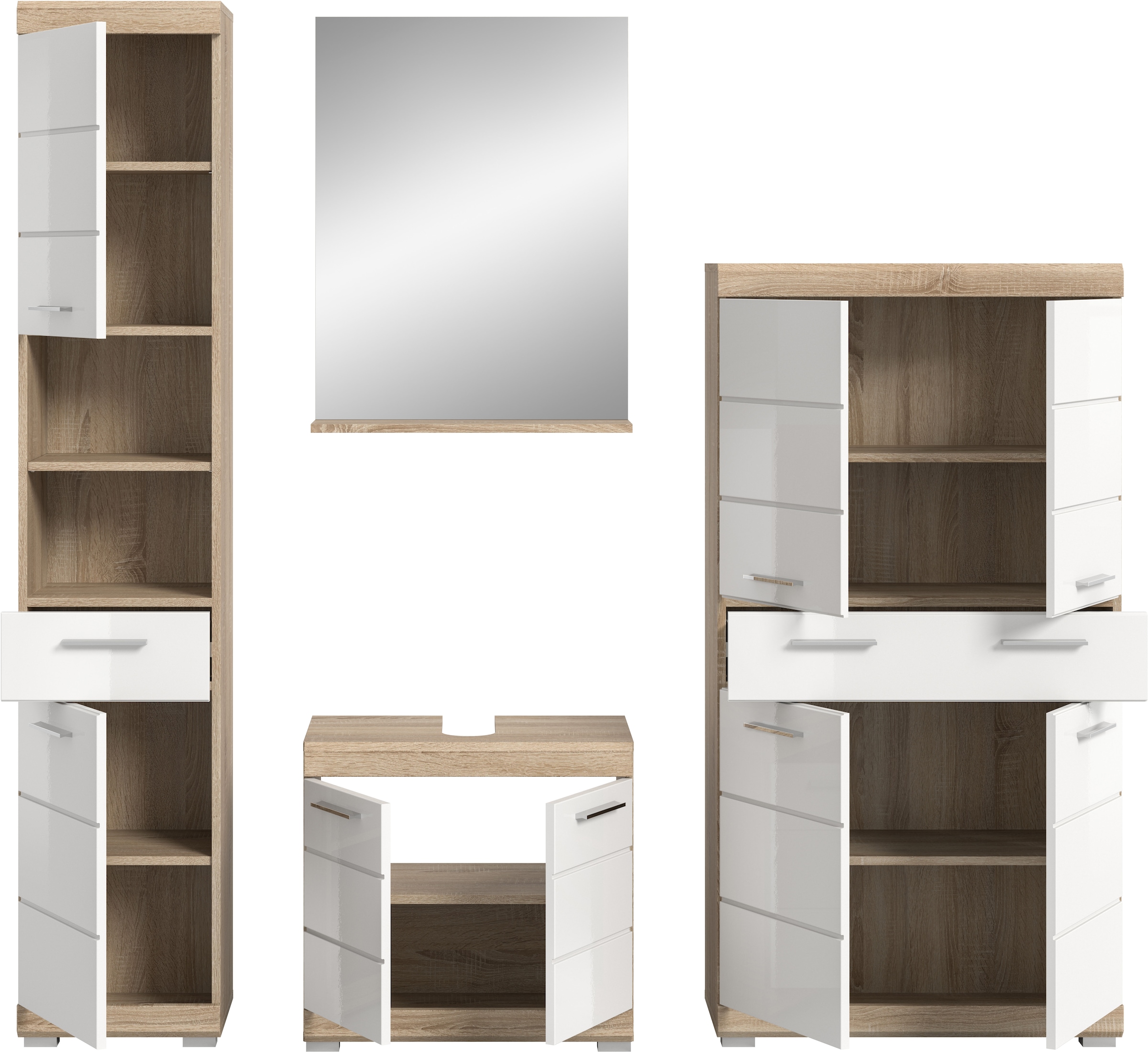 INOSIGN Badmöbel-Set »Siena, 4 teilig, bestehend aus:«, (Set), Hochschrank, Waschbeckenunterschrank, Badspiegel, Midischrank