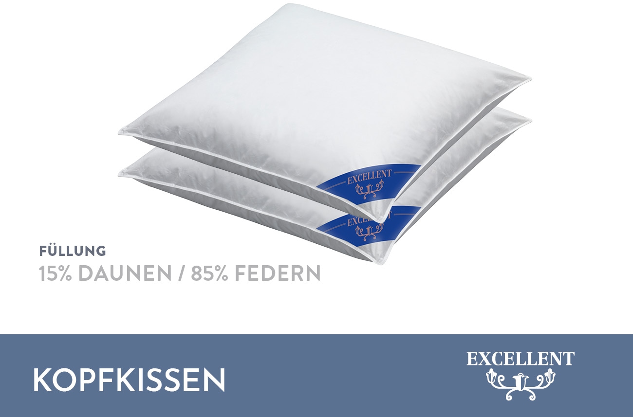 Excellent Federkopfkissen »Venedig Kissen in 6 Größen erhältlich und im Spar Set!«, Füllung: 85% Federn, 15% Daunen, Bezug: 100% Baumwolle, (2 St.), Kopfkissen 40x40, 40x80, 80x80, allergiker geeignet (Hausstaub)