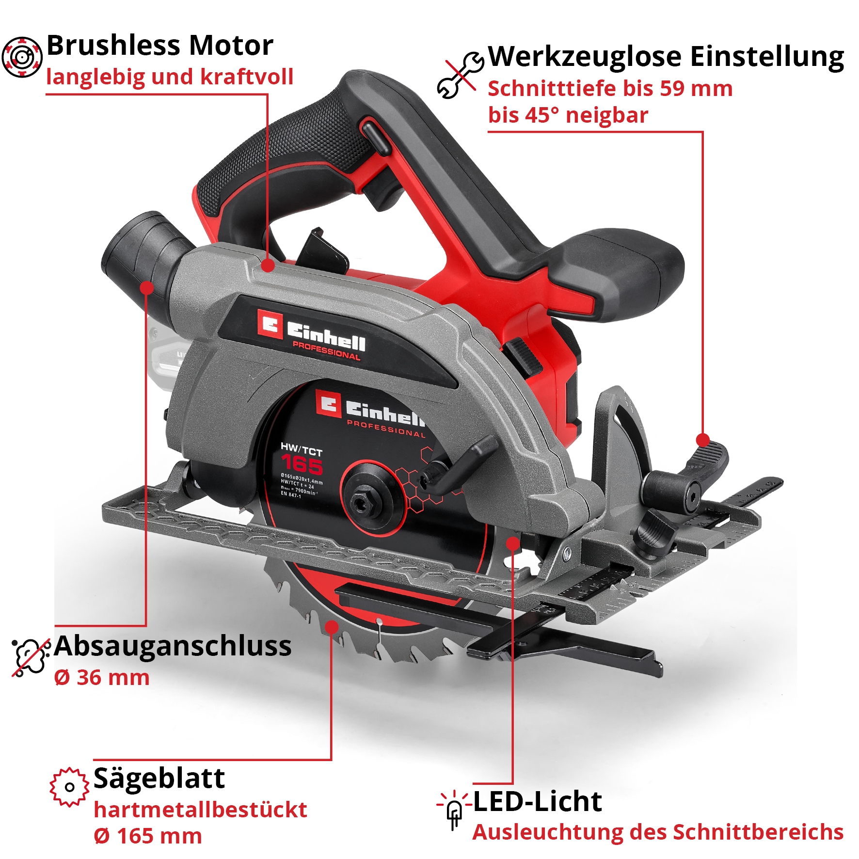 Einhell Akku-Handkreissäge »TP-CS 18/165 Li BL - Solo«, ohne Akku und Ladegerät