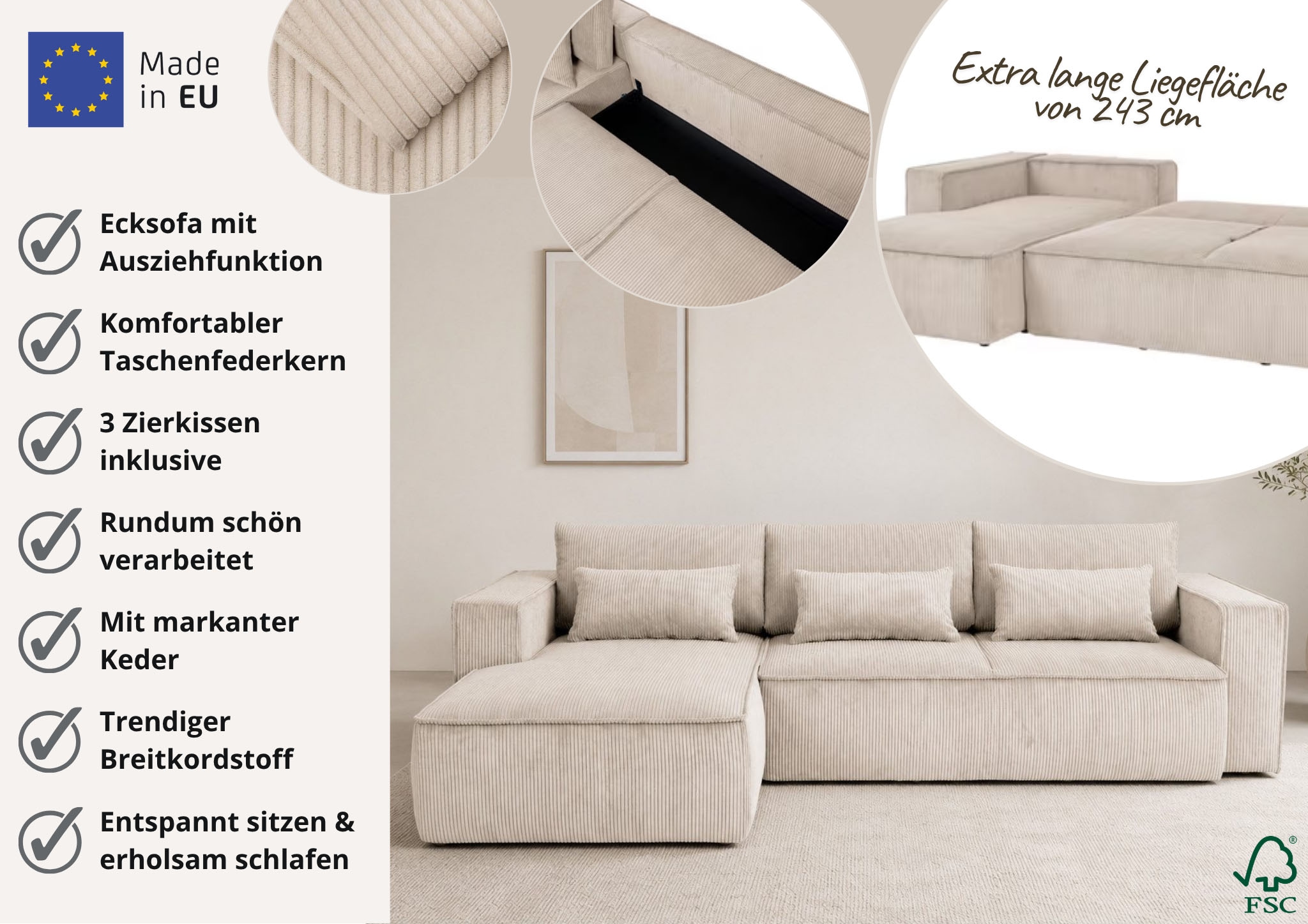 OTTO home Ecksofa »Tillian, Schlafsofa« Breite 294 cm, Breitkord, Sitzfläche mit Taschenfederkern