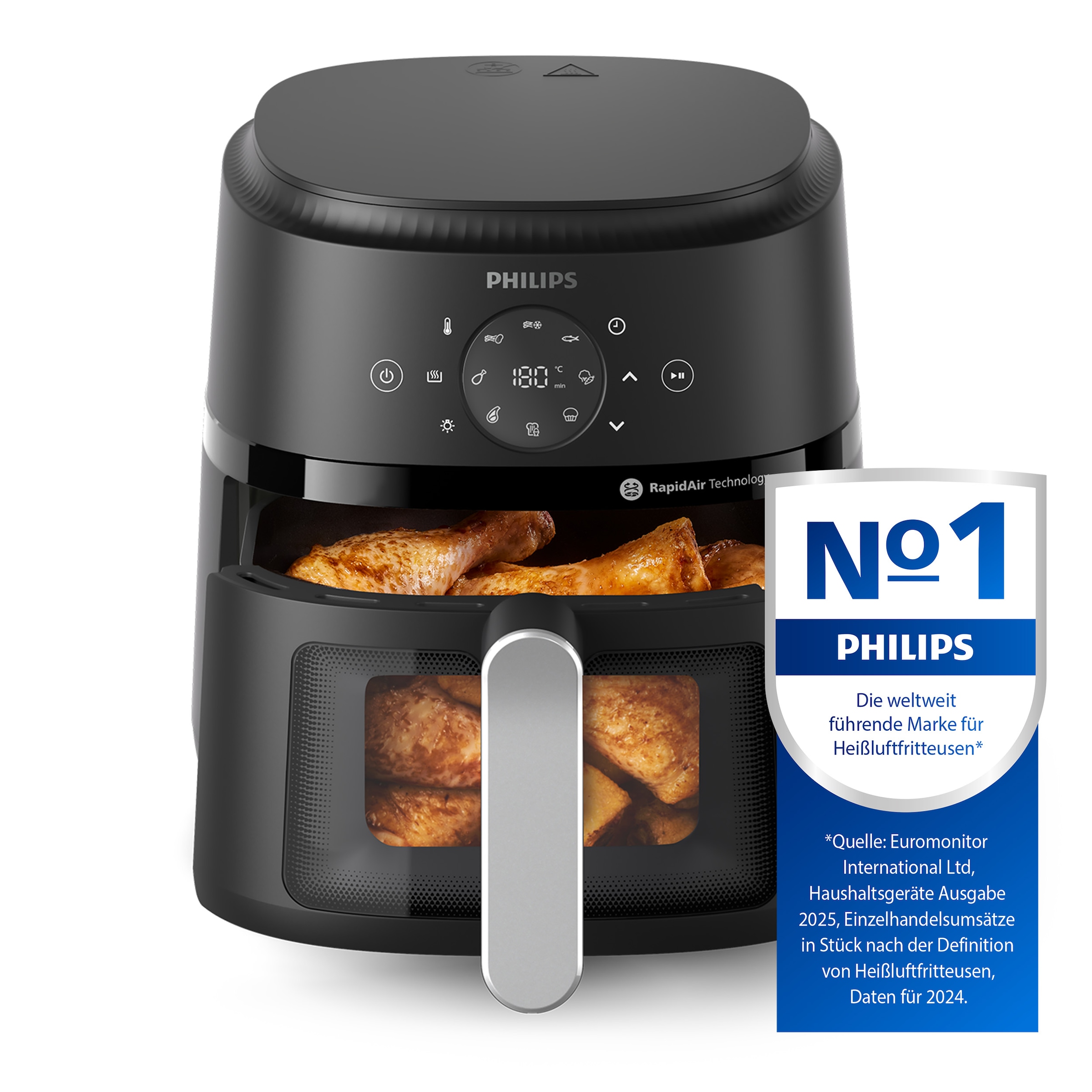 Philips Heißluftfritteuse »Airfryer 2000 NA221/00, mit 4.2L, Sichtfenster«, 1500 W, RapidAir Technologie und 13 Kochfunktionen; Schwarz/Silber