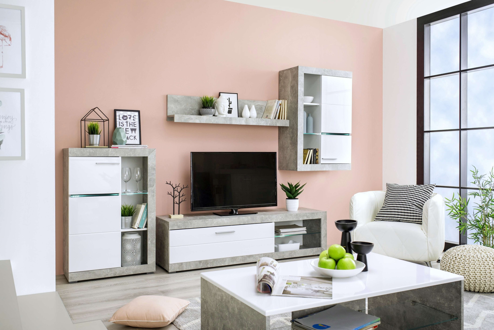 INOSIGN Wohnzimmer-Set »Rosso Wohnwand, Mediawand, Anbauwand, für TV bis 60', Breite 267 cm«, (Komplett-Set, 4 St., 4-st), Set besteht aus Highboard, TV-board, Wandregal und Hängeschrank