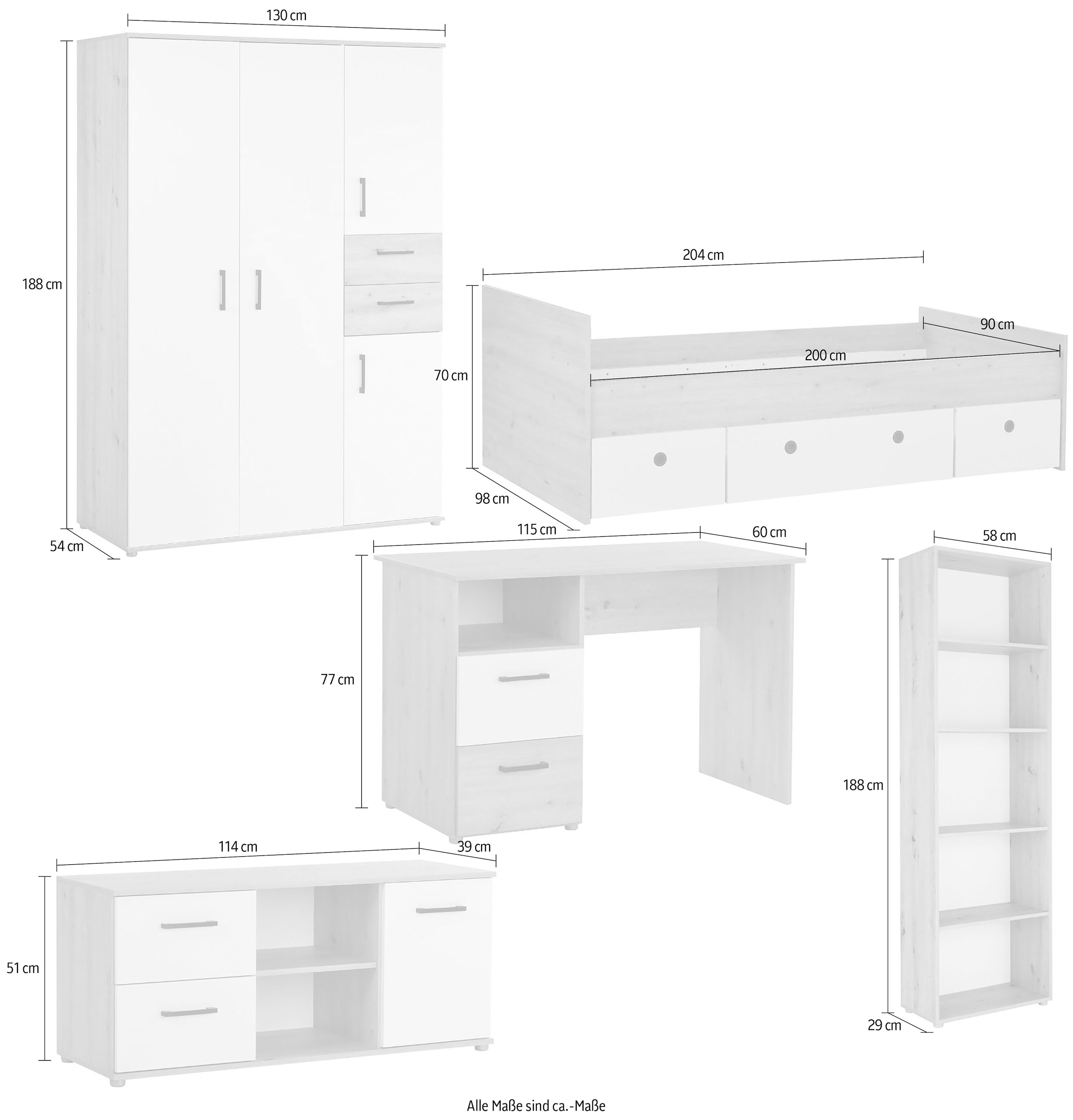 arthur berndt Jugendzimmer-Set »Jugendzimmer-Set »Bente« 5-teilig« 5tlg -Schrank, Bett, Schreibtisch, Sideboard, Standregal, 5 tlg. Stauraumstark, pflegeleicht, zeitlos, Made in Germany