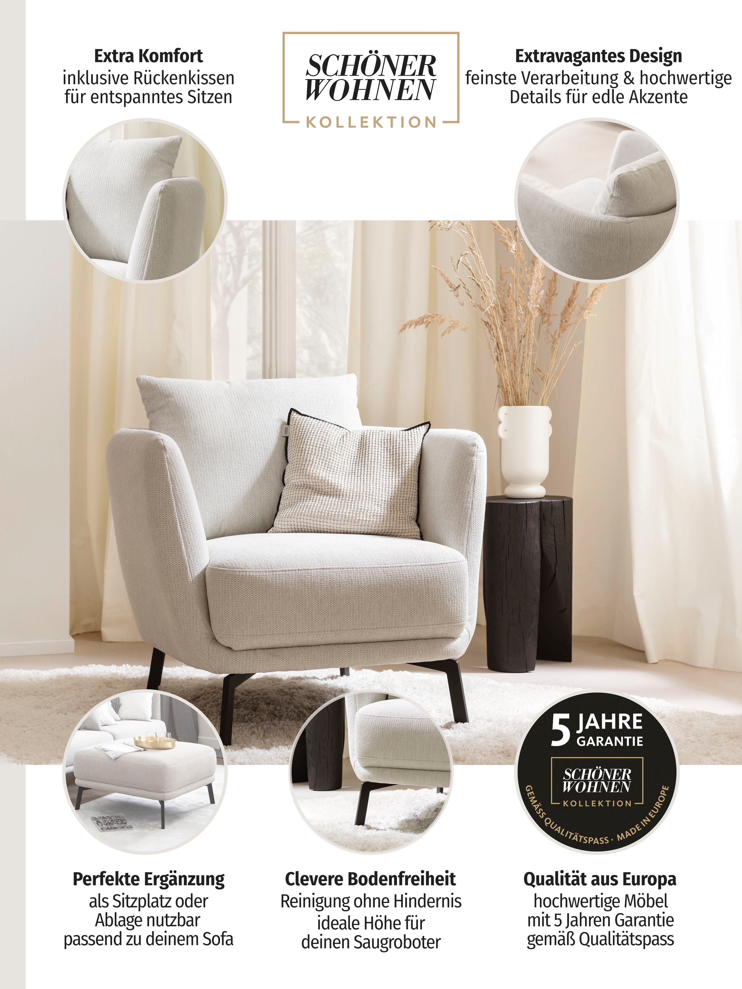 SCHÖNER WOHNEN-Kollektion Sessel »Pearl - 5 Jahre Hersteller-Garantie« Maße (B/H/T): 86/68/86 cm, auch in Bouclé, Füße Metall