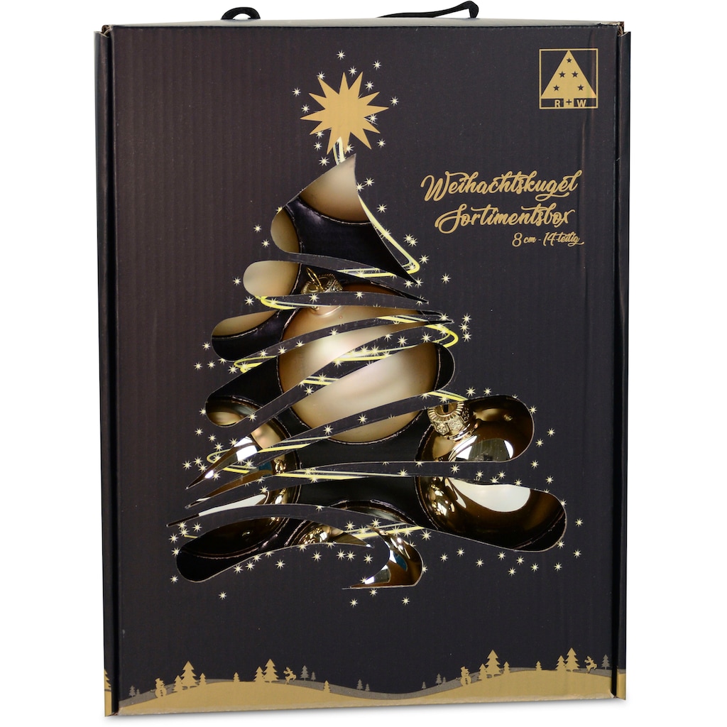 RIFFELMACHER & WEINBERGER Weihnachtsbaumkugel »Weihnachtsdeko, Christbaumschmuck, Christbaumkugeln, champagnerfarben«, (Set, 14 St.), Ø ca. 8 cm, aus Glas, mit praktischer Aufbewahrungsbox