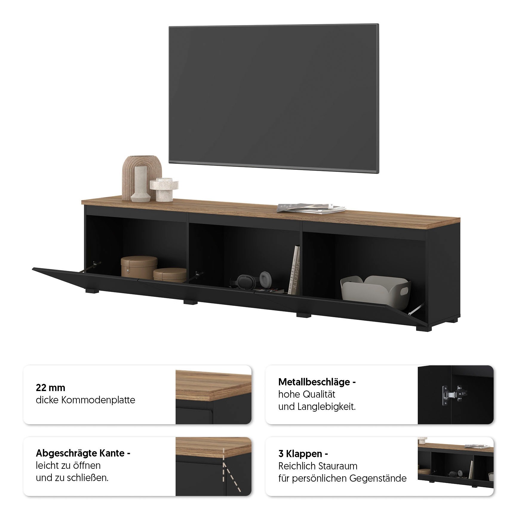 OTTO home Lowboard »Modo, Breite 200 cm, moderne grifflose TV-Kommode 3 Klappen« TV-Kommode mit viel Stauraum, TV-Bank